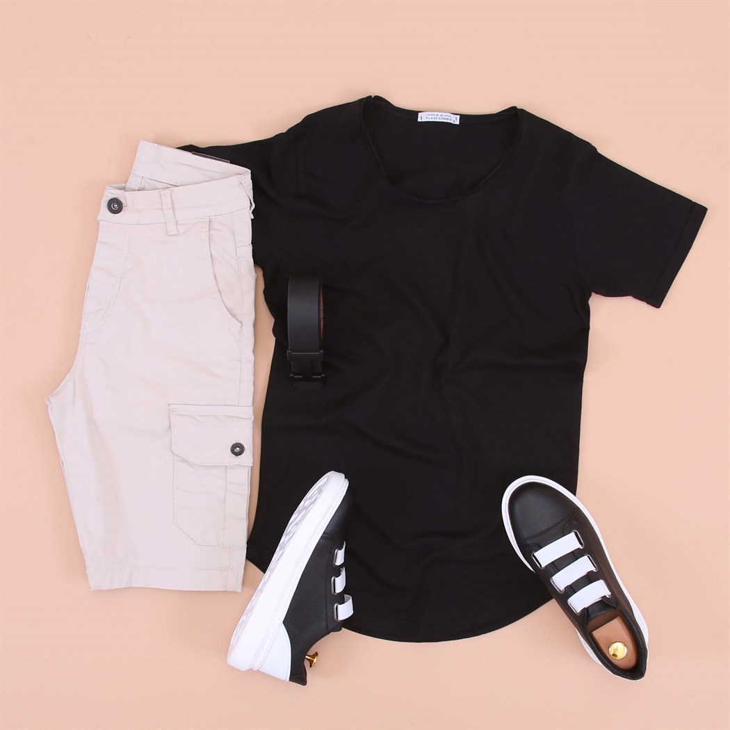 Siyah T-Shirt Kapri Şort Spor Ayakkabı Kombini 