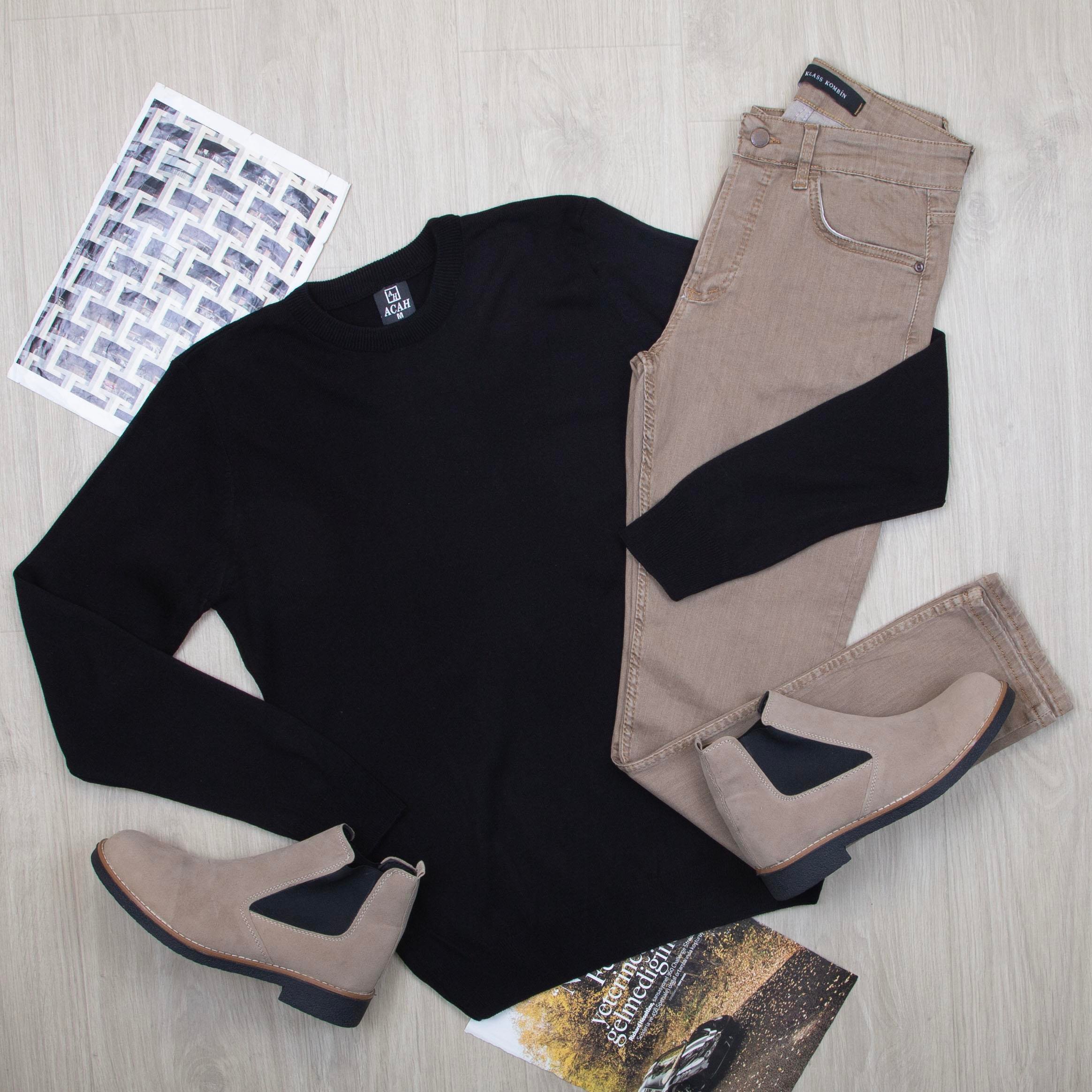 Siyah Triko Kazak Pantolon Bot Kombin 