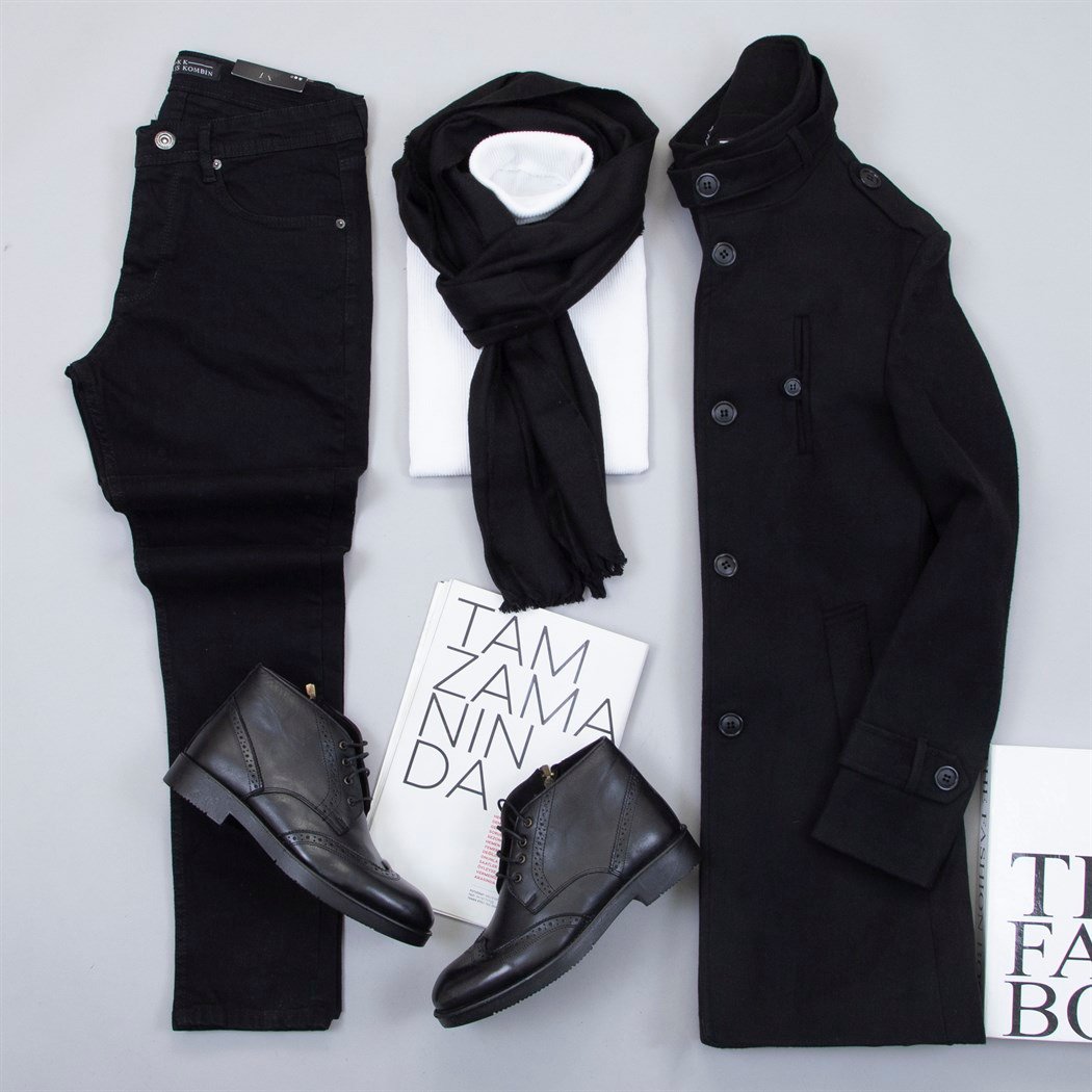 Siyah Uzun Kaşe Kaban Boğazlı Kazak Atkı Pantolon Bot Kombin