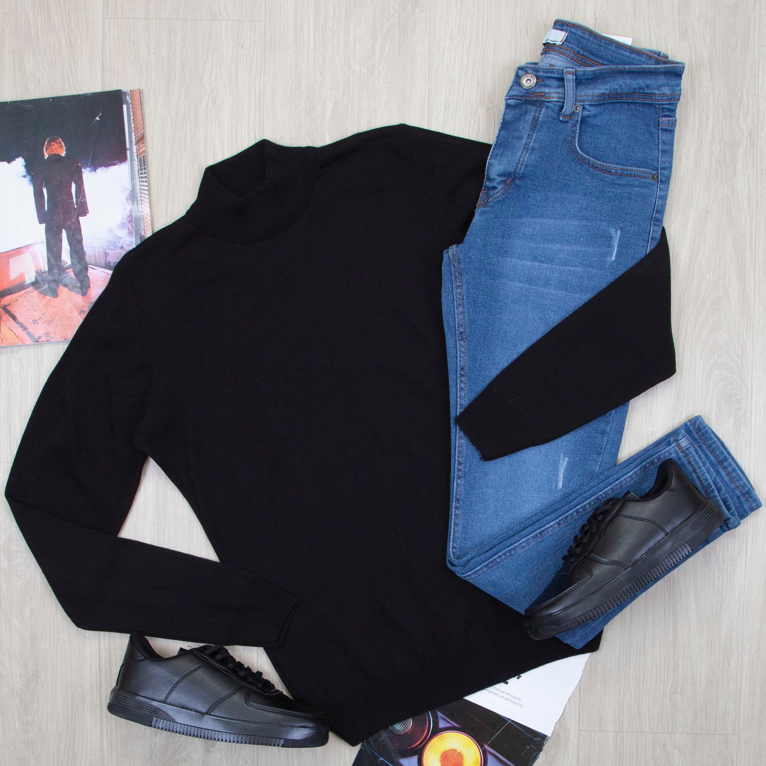 Siyah Yarım Balıkçı Kazak Pantolon Ayakkabı Kombin