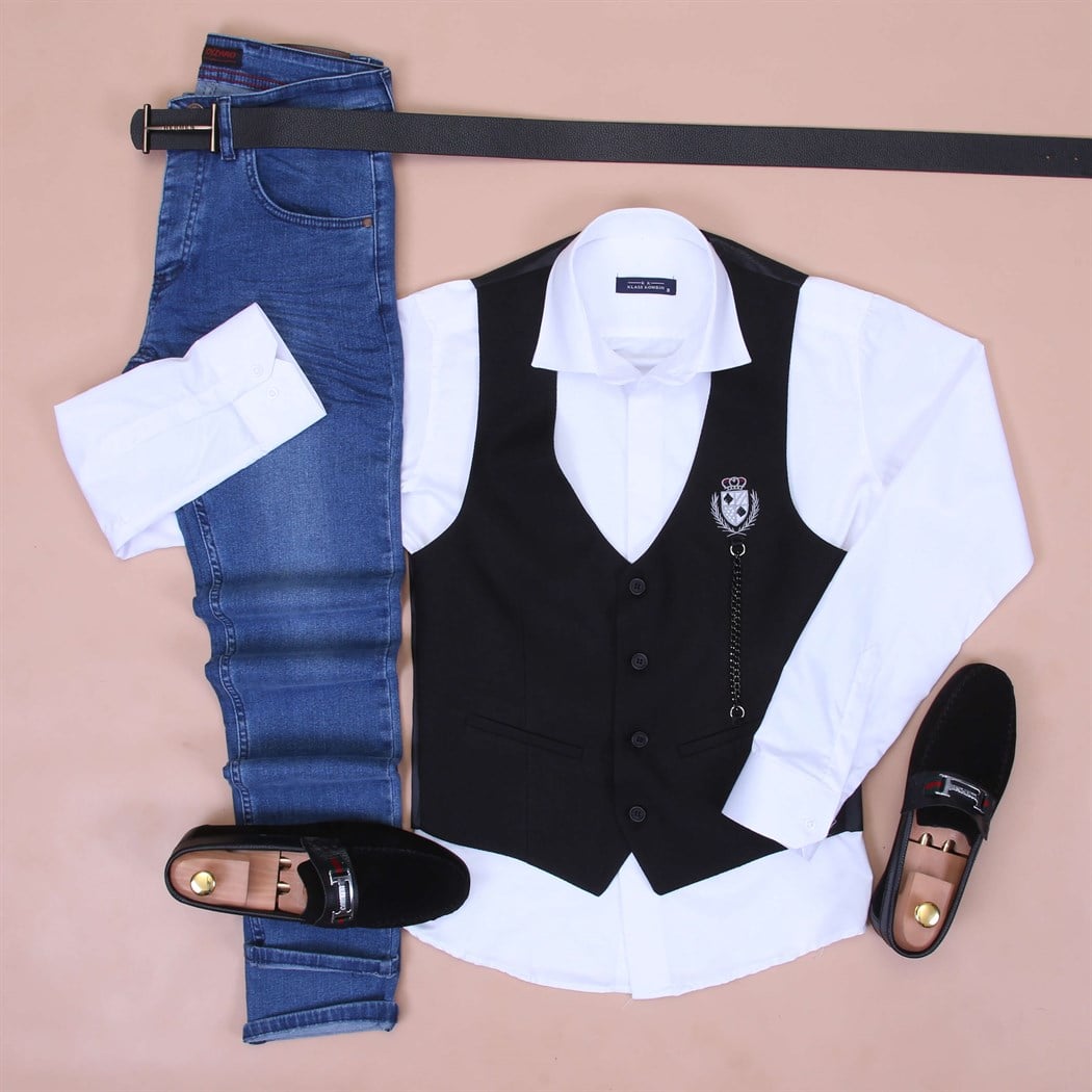 Siyah Yelek Beyaz Gömlek Kot Pantolon Klasik Ayakkabı Koımbini 