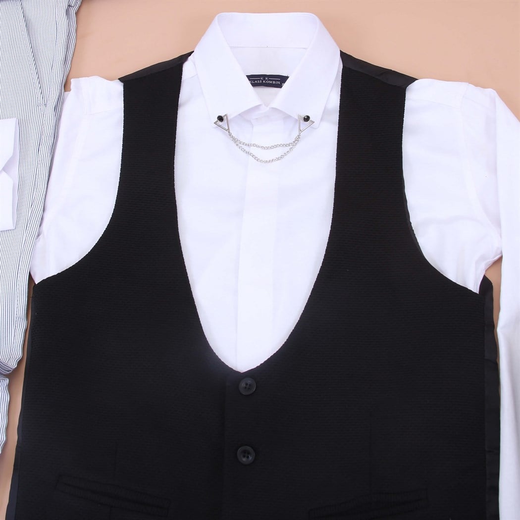 Siyah Yelek Beyaz Gömlek Kumaş Pantolon Klasik Ayakkabı Koımbini 