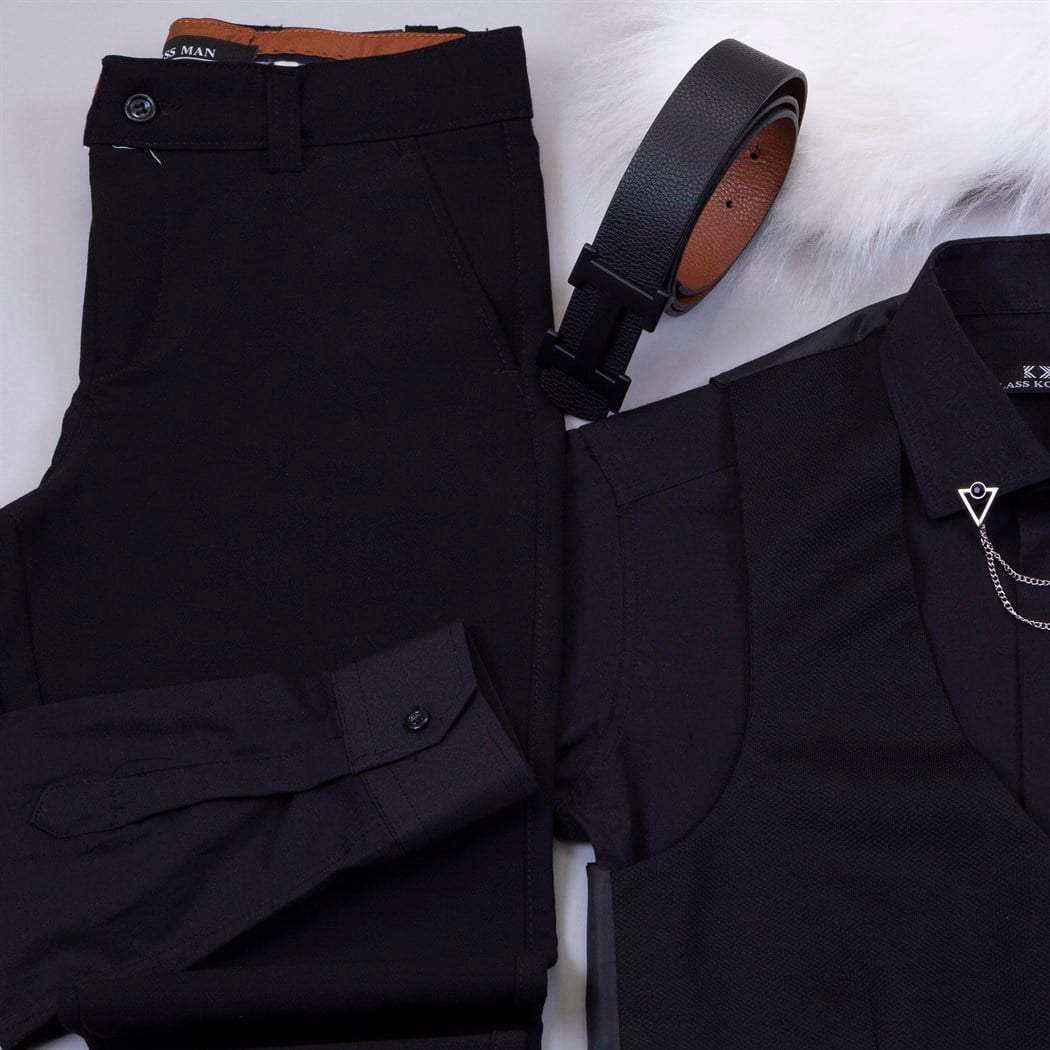 Siyah Zincirli Yelek Gömlek Pantolon Ayakkabı Kombin