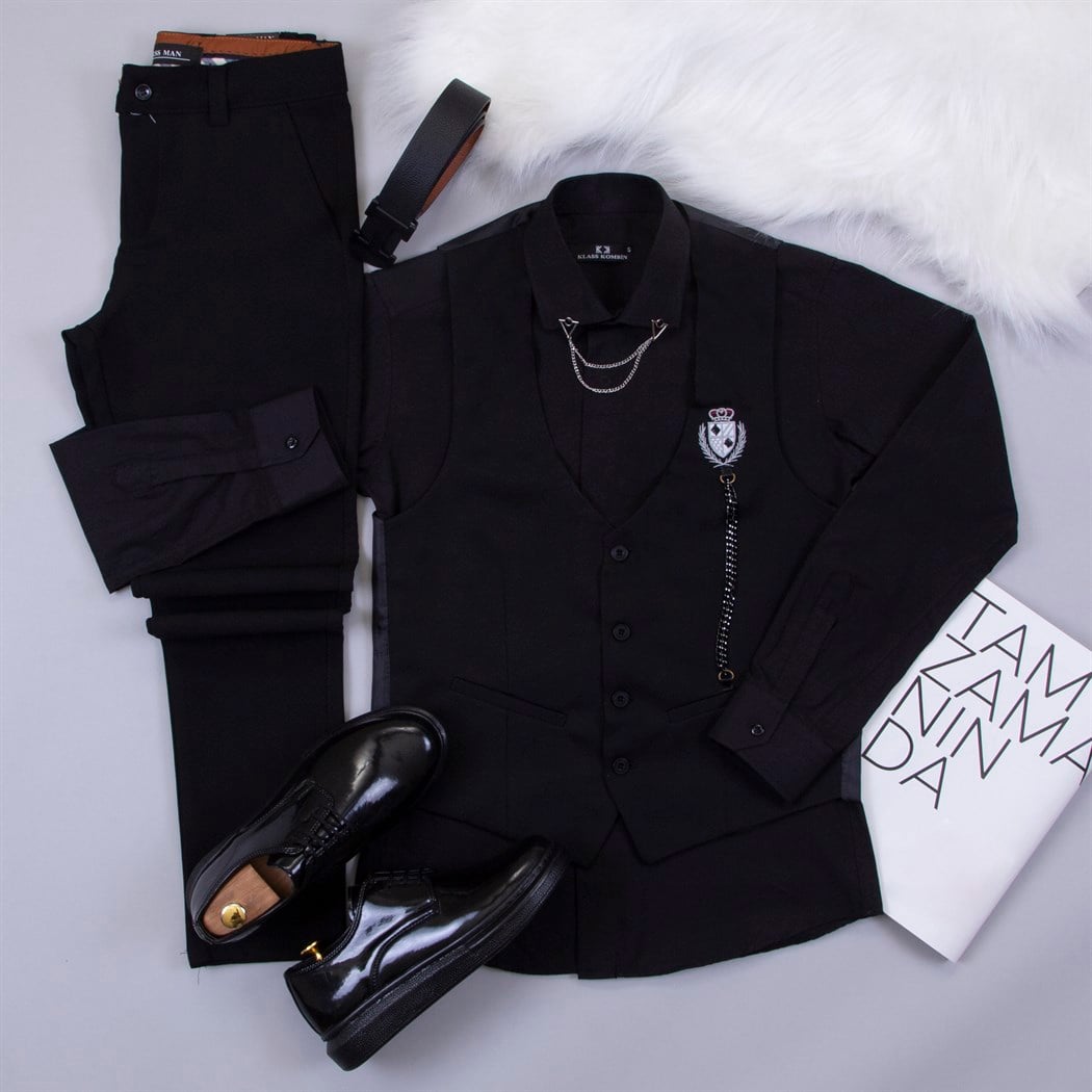 Siyah Zincirli Yelek Gömlek Pantolon Ayakkabı Kombin