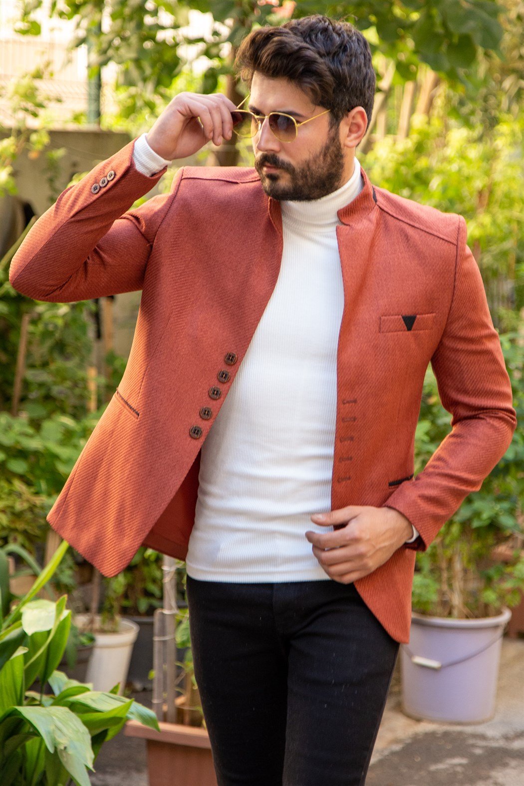 Slim fit 5 düğmeli hakim yakalı kiremit blazer ceket 