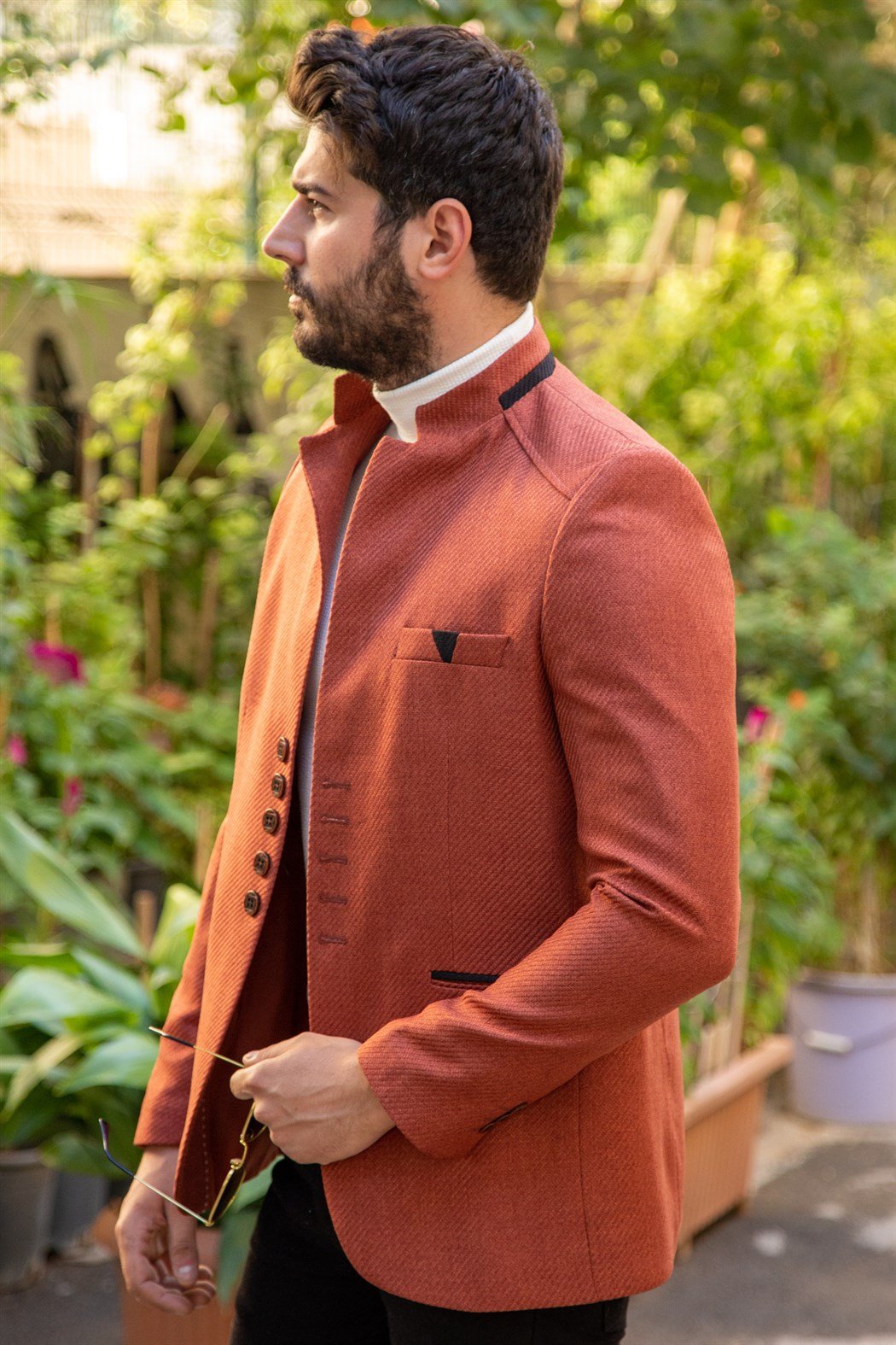Slim fit 5 düğmeli hakim yakalı kiremit blazer ceket 