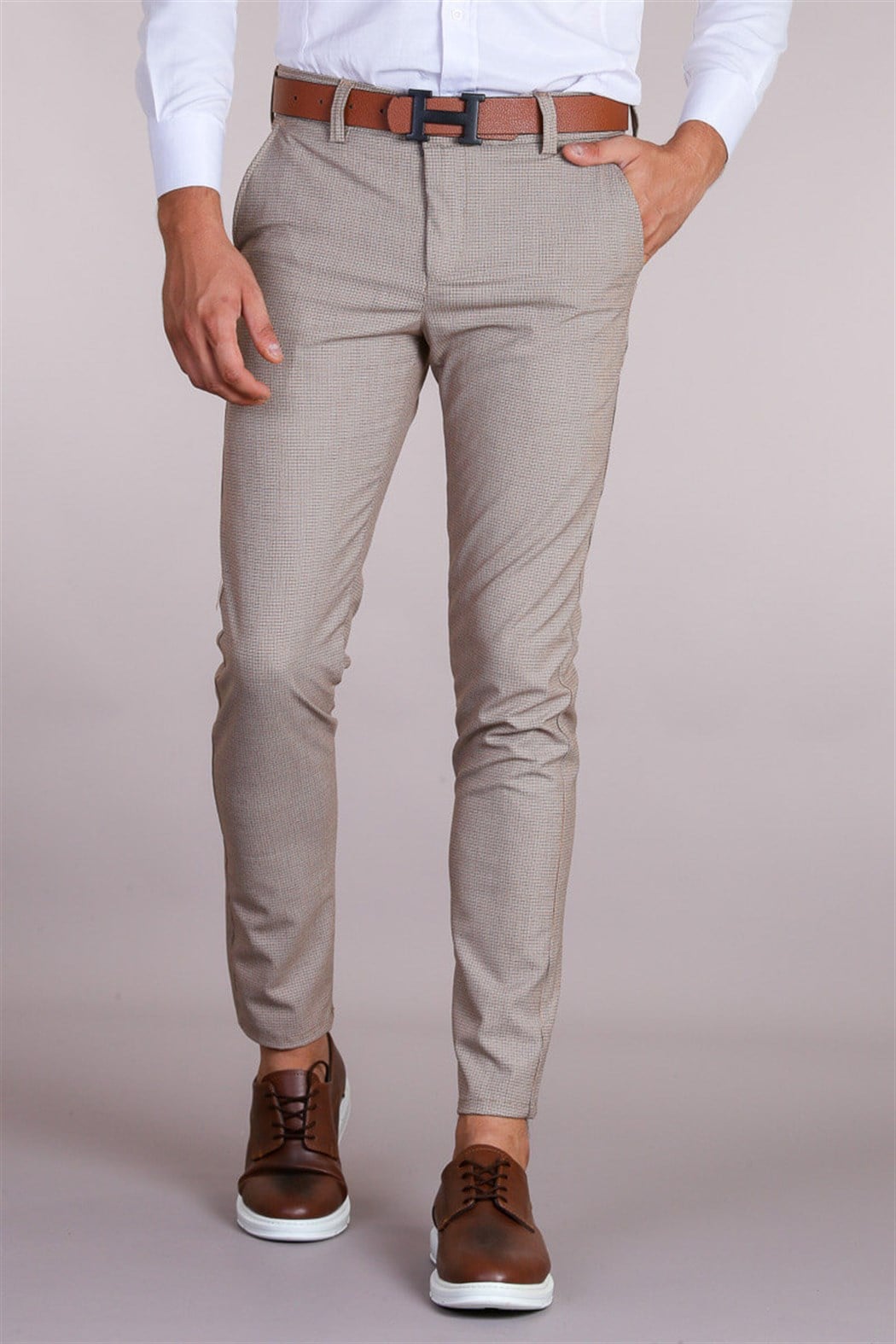 Slim Fit Düz Renk Vizon Pantolon