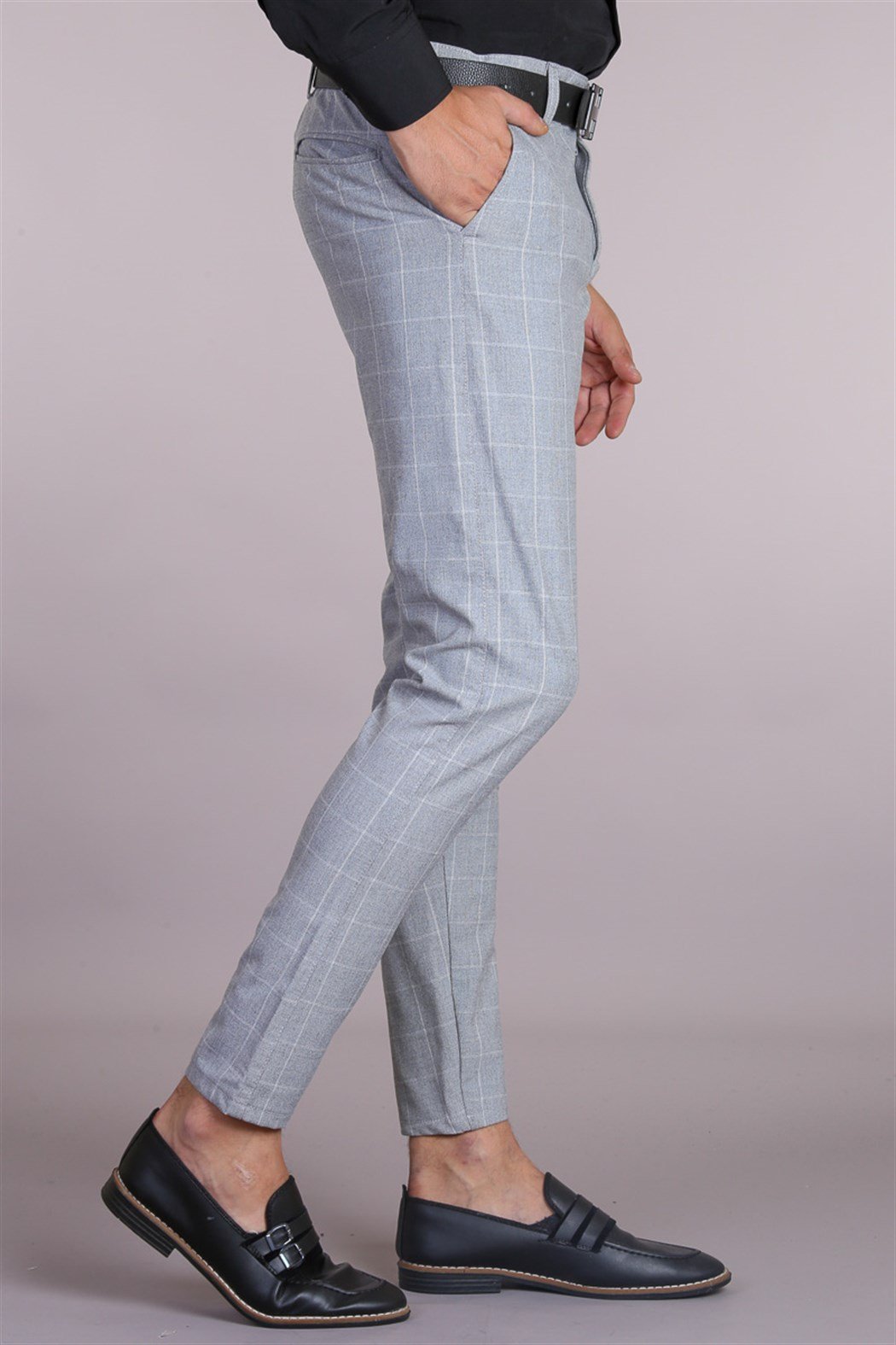 Slim Fit Ekose Füme Pantolon