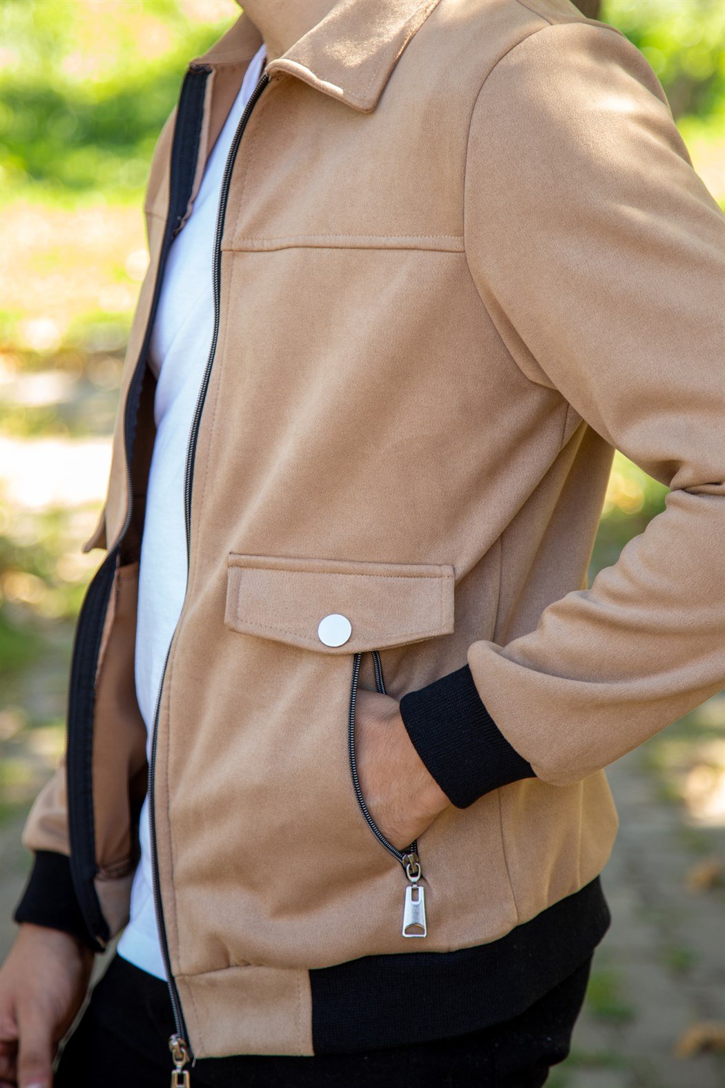 Slim fit fermuarlı bej süet ceket