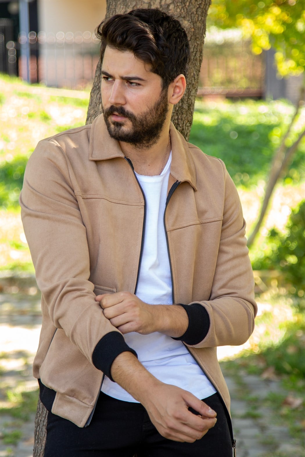 Slim fit fermuarlı bej süet ceket