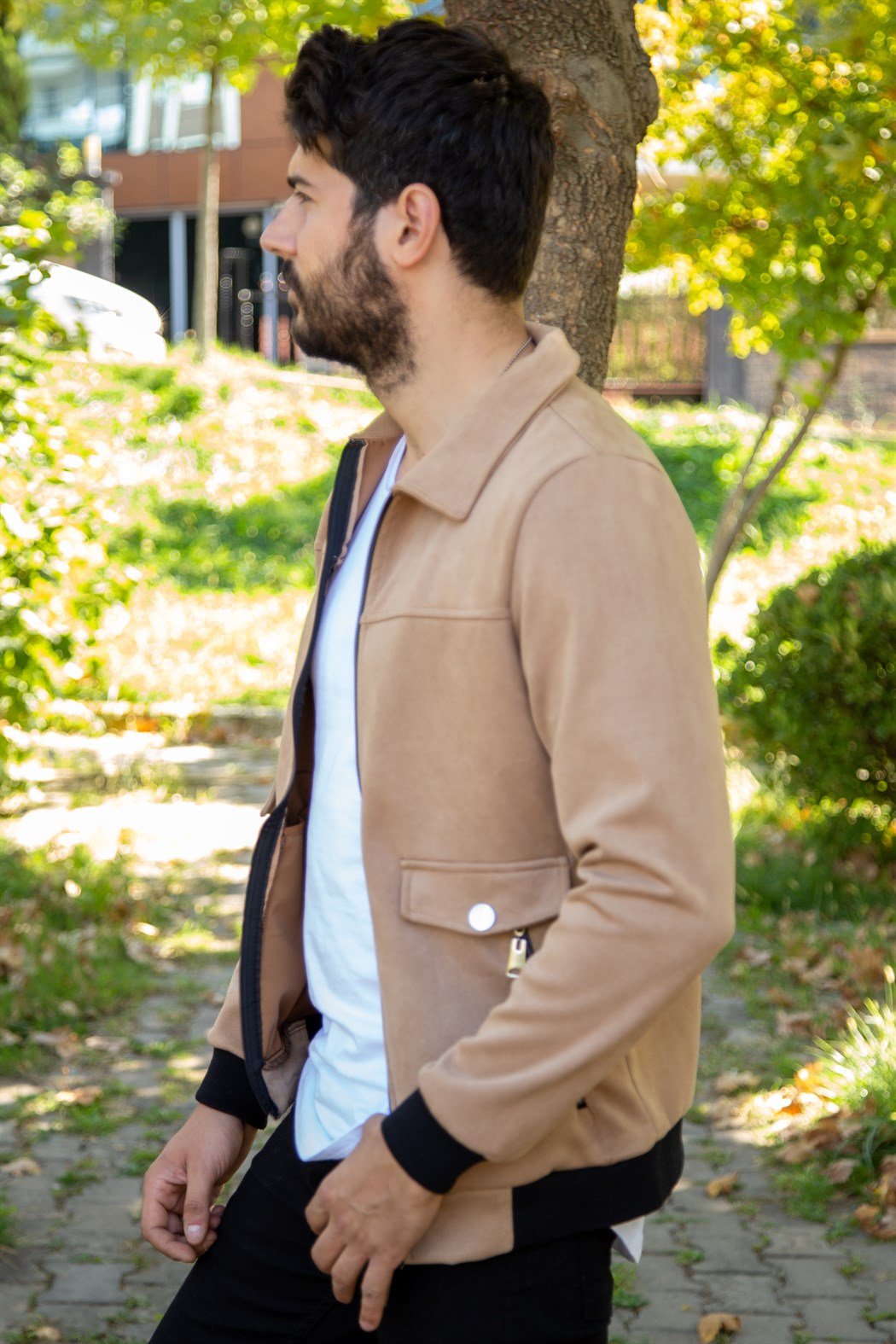 Slim fit fermuarlı bej süet ceket