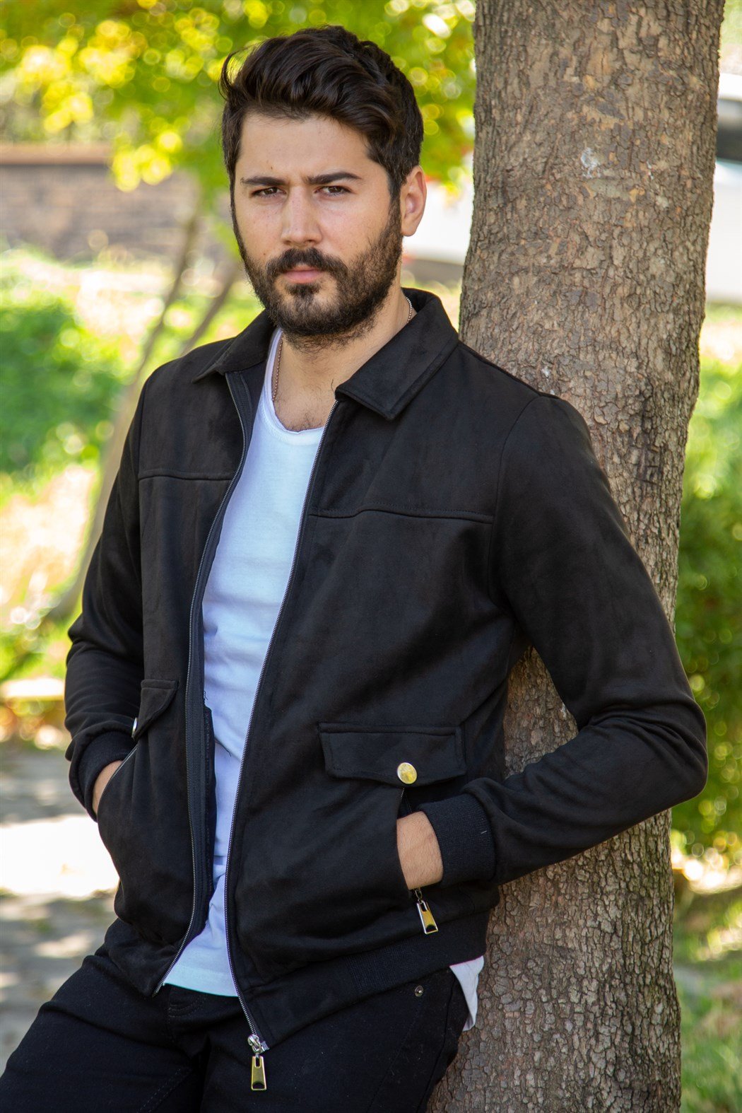 Slim fit fermuarlı siyah süet ceket