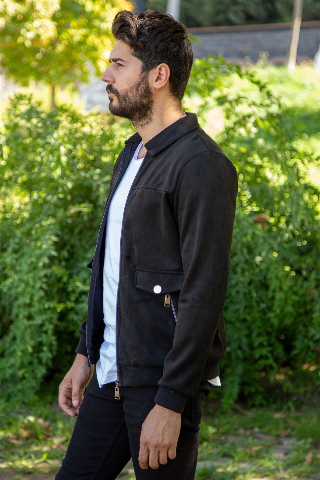 Slim fit fermuarlı siyah süet ceket