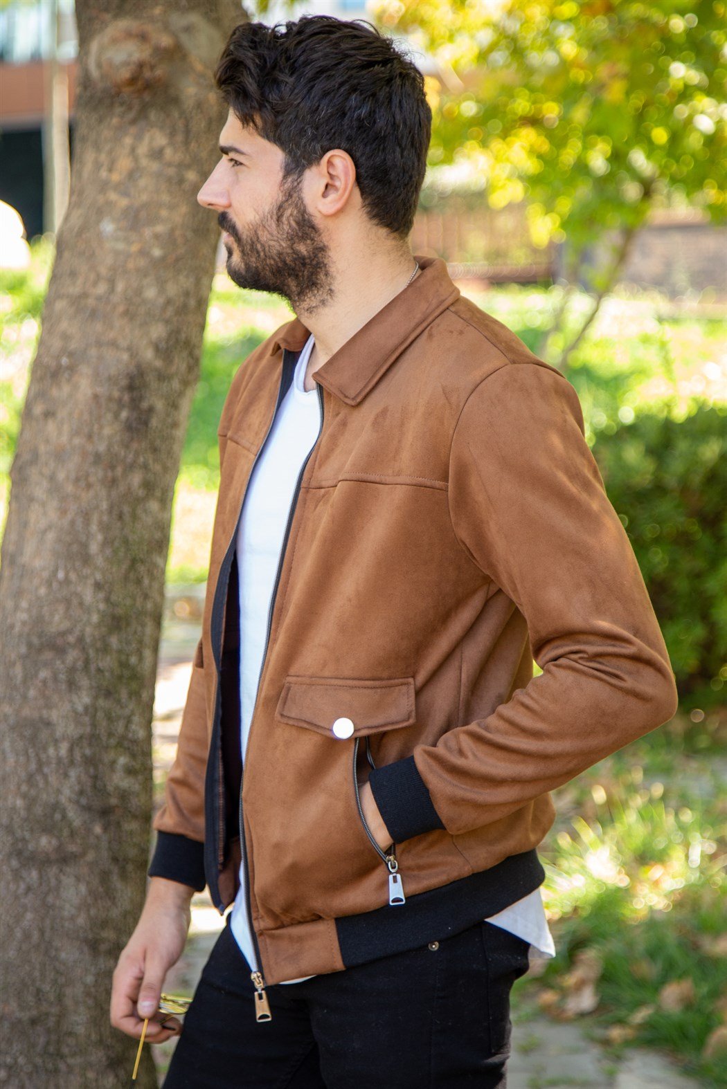 Slim fit fermuarlı taba süet ceket