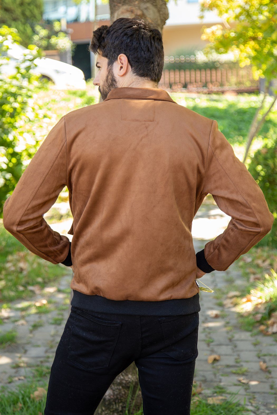 Slim fit fermuarlı taba süet ceket