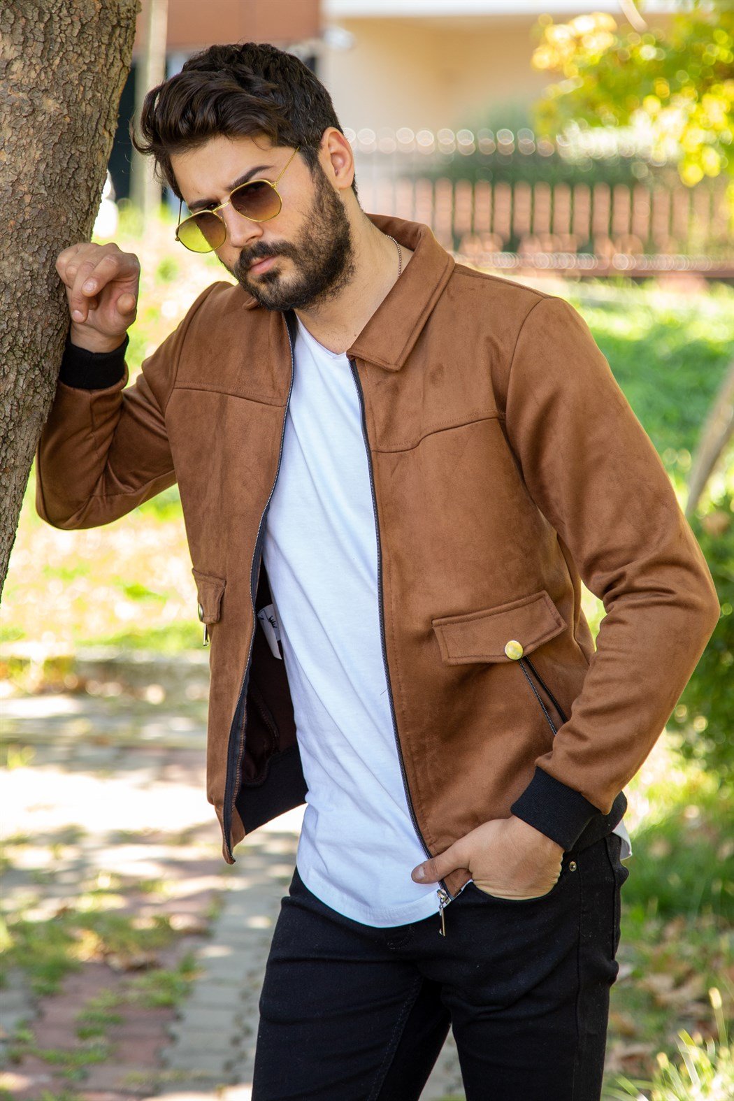 Slim fit fermuarlı taba süet ceket