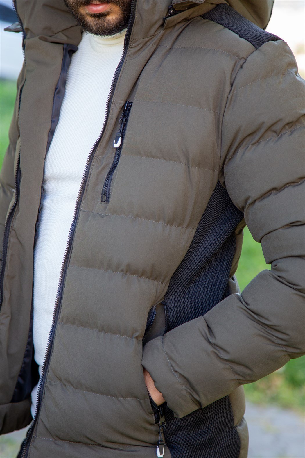 Slim fit fileli haki şişme mont