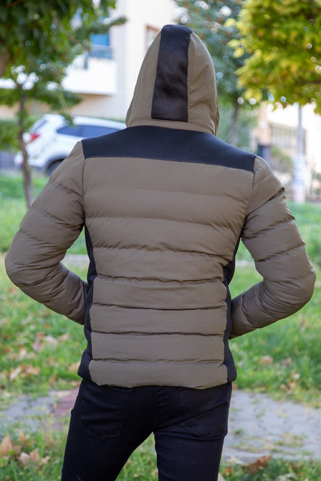 Slim fit fileli haki şişme mont