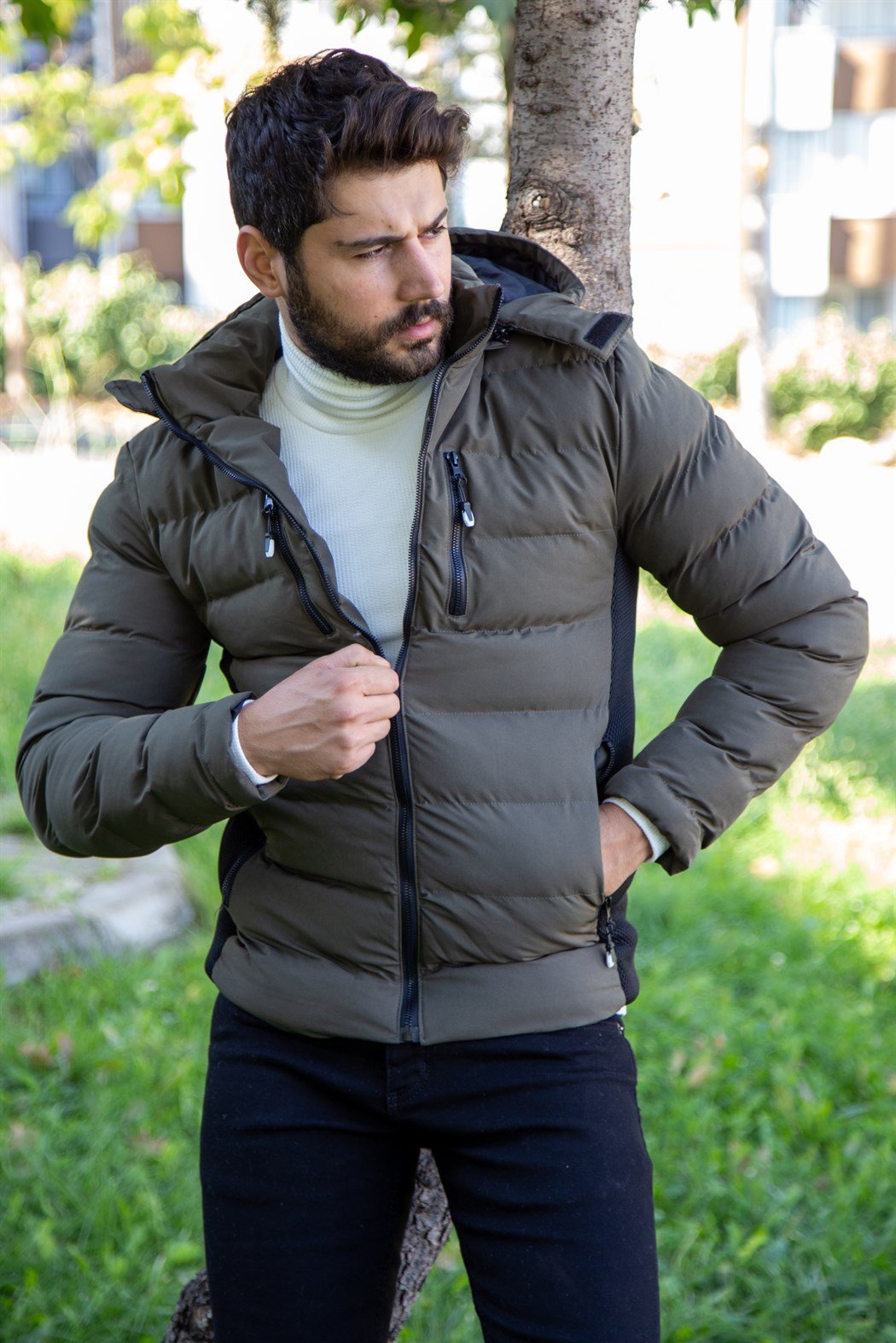 Slim fit fileli haki şişme mont