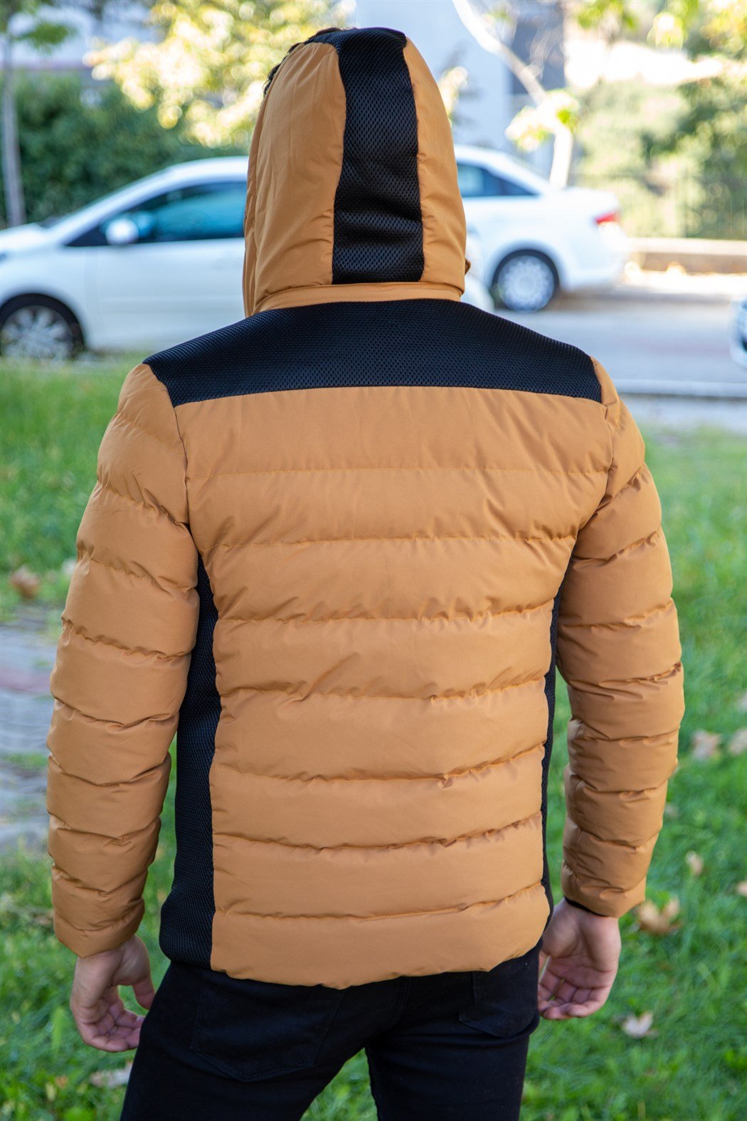 Slim fit fileli taba şişme mont