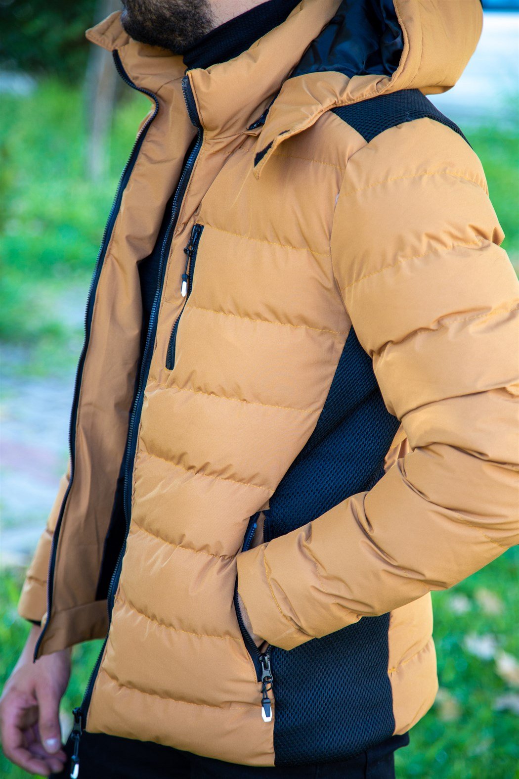 Slim fit fileli taba şişme mont