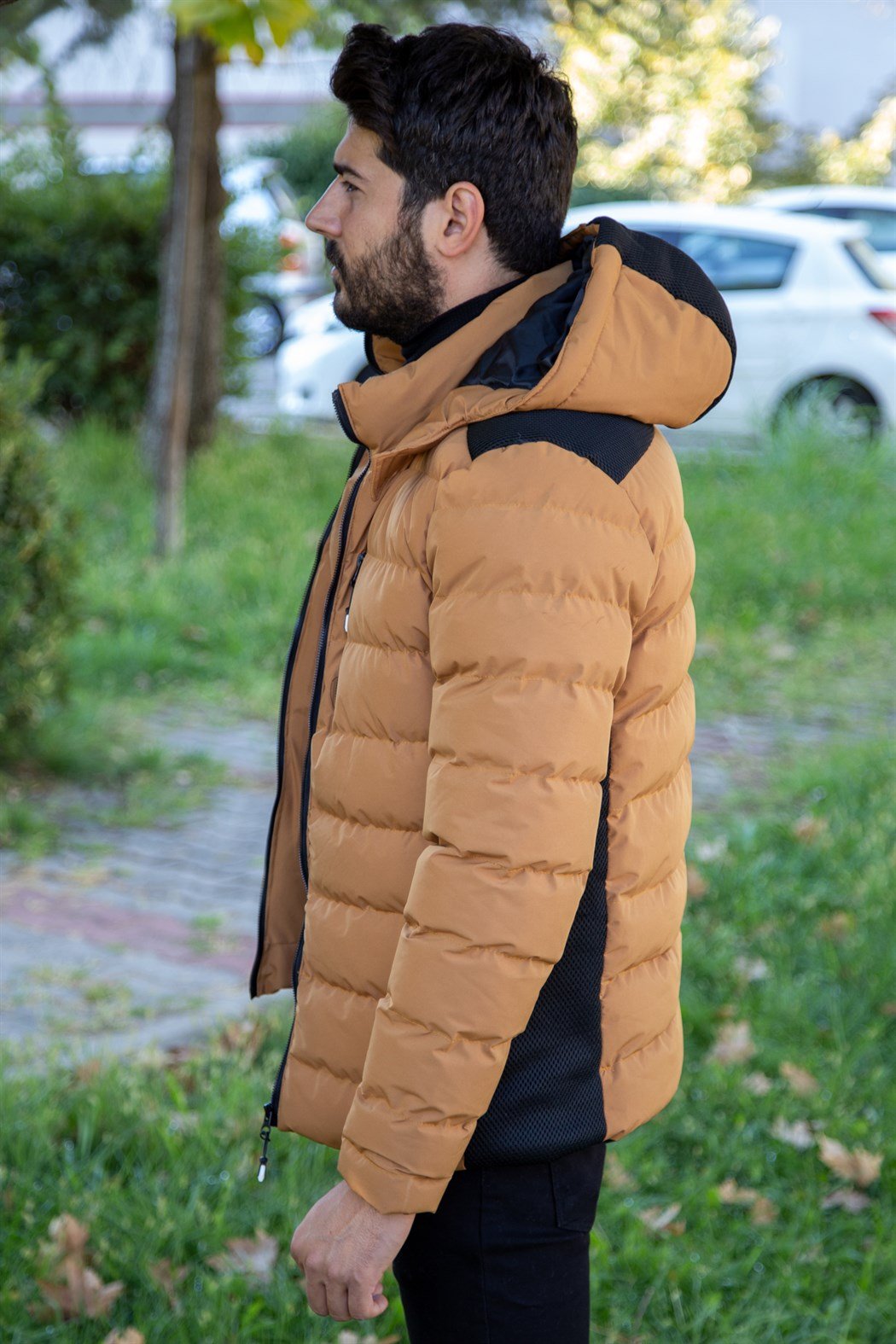 Slim fit fileli taba şişme mont