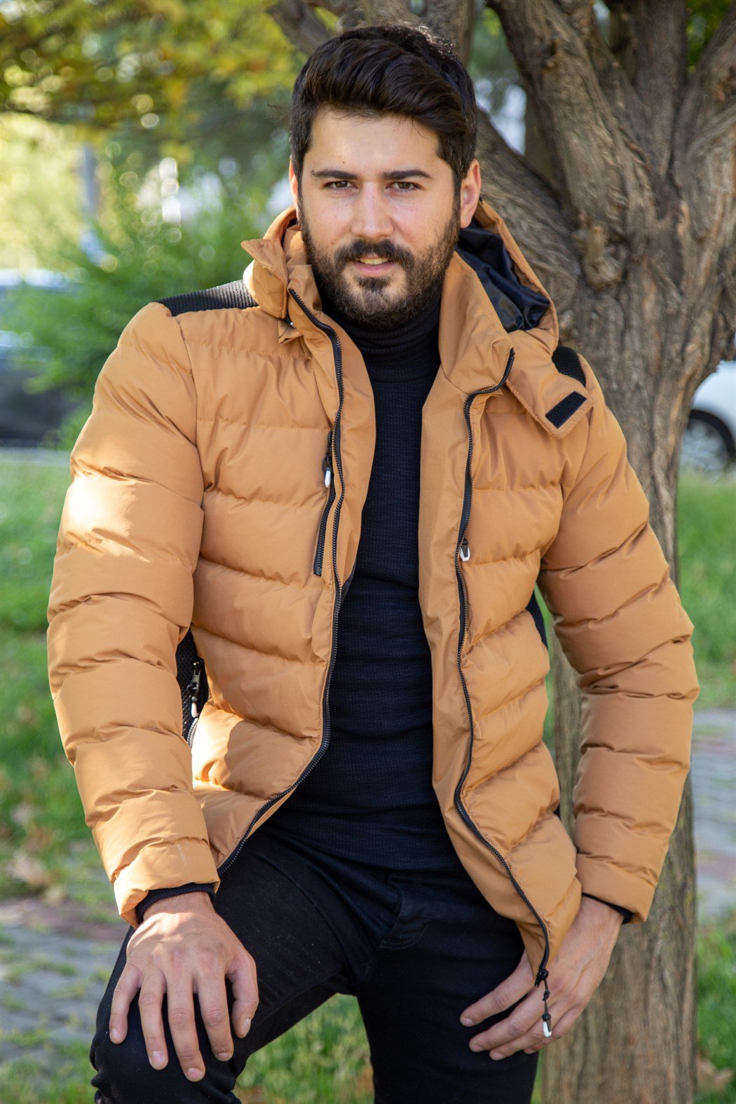 Slim fit fileli taba şişme mont