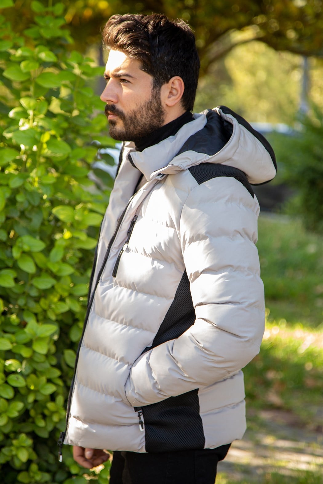 Slim fit fileli taş şişme mont