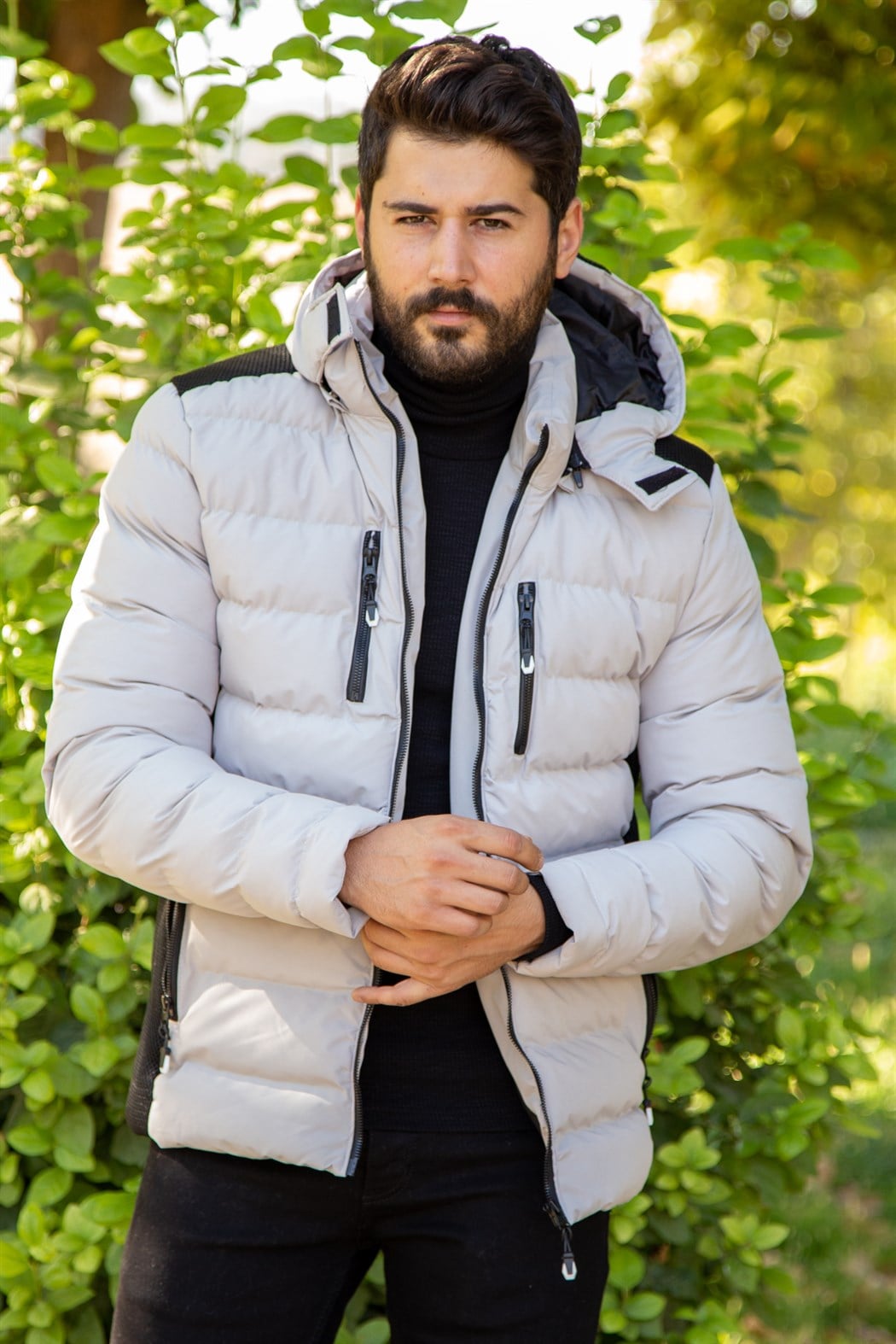 Slim fit fileli taş şişme mont