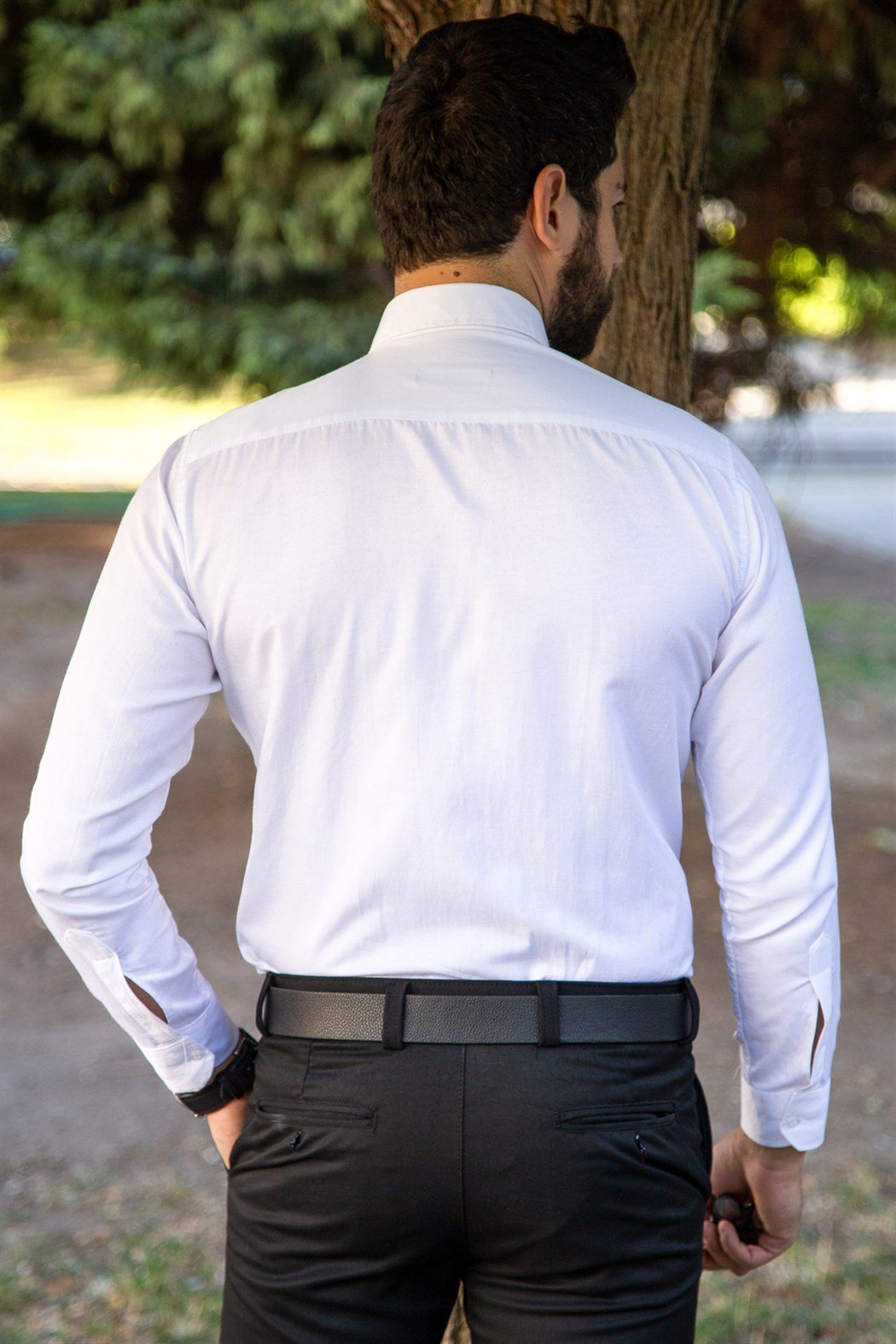 Slim fit gizli patlı beyaz klasik gömlek