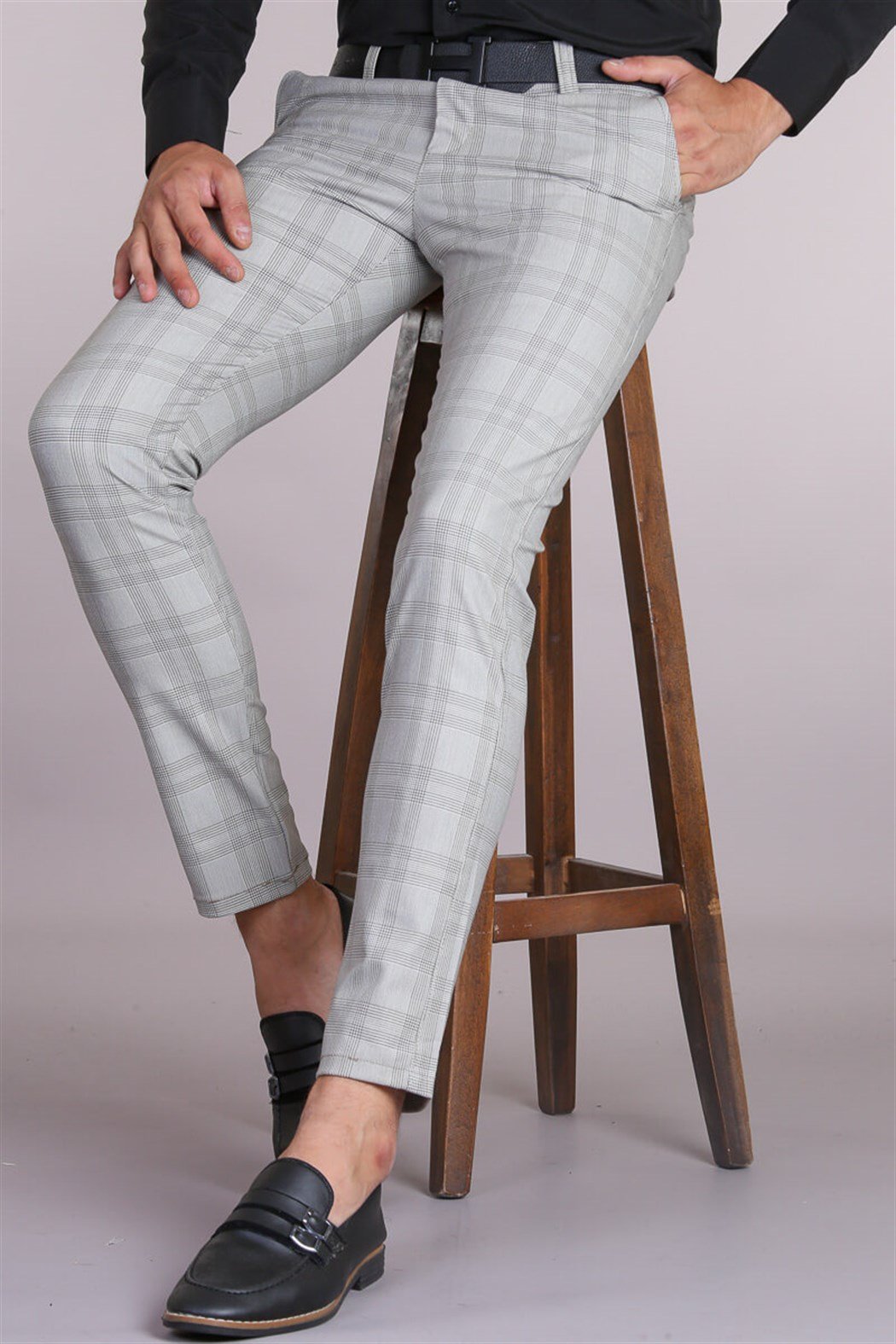 Slim Fit Gri Ekose Erkek Pantolon