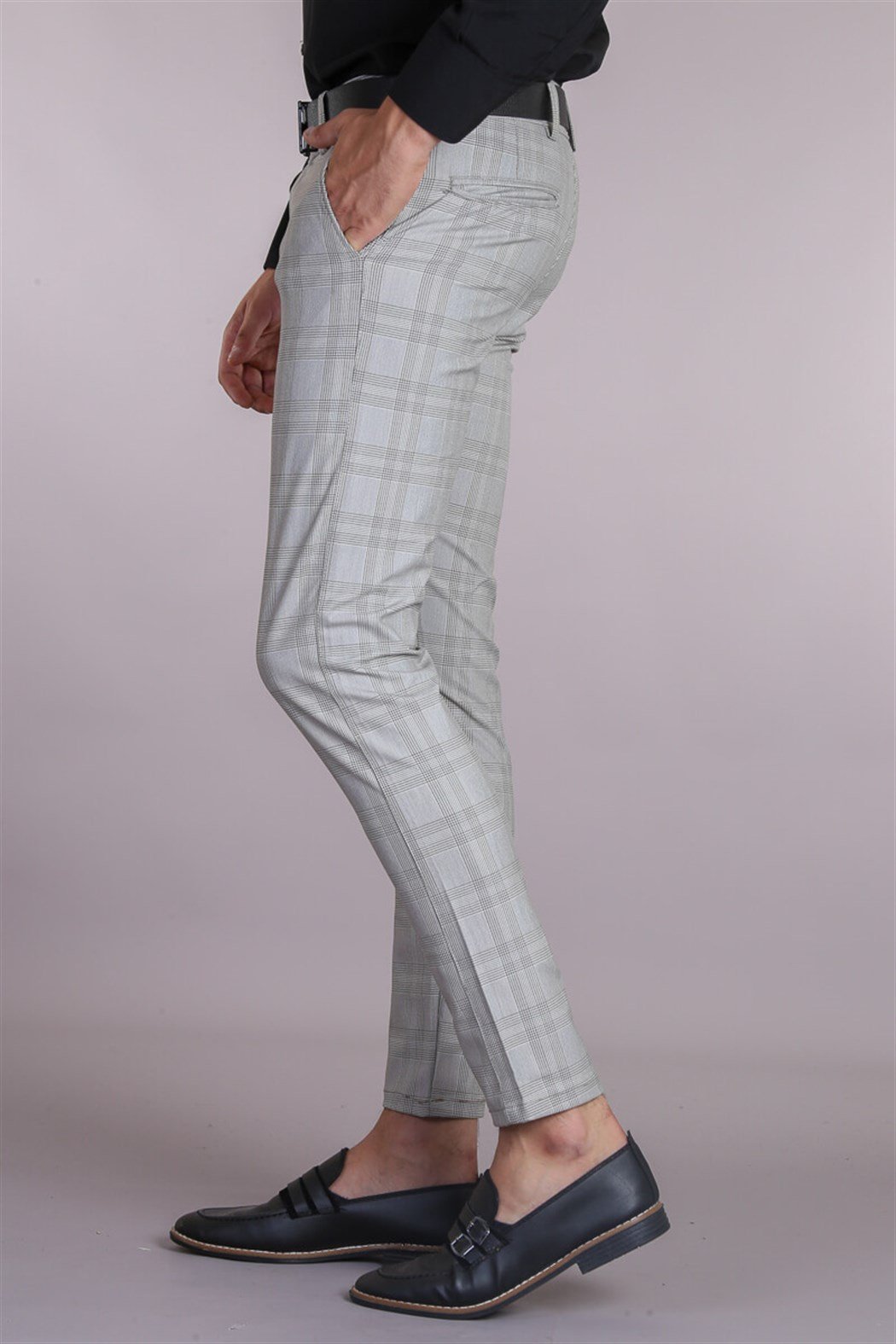 Slim Fit Gri Ekose Erkek Pantolon