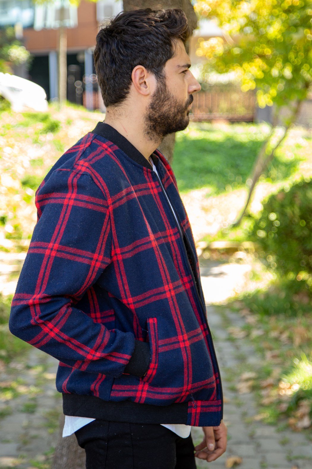 Slim fit hakim yaka lacivert üzeri kırmızı ekoseli mont ceket