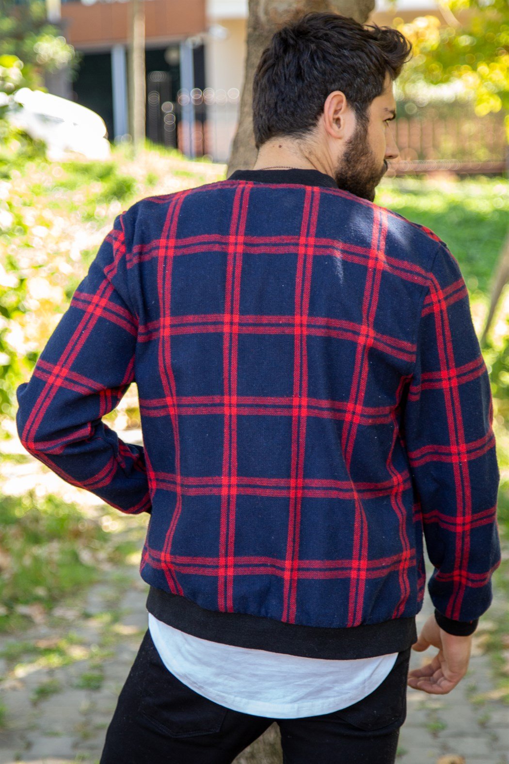 Slim fit hakim yaka lacivert üzeri kırmızı ekoseli mont ceket