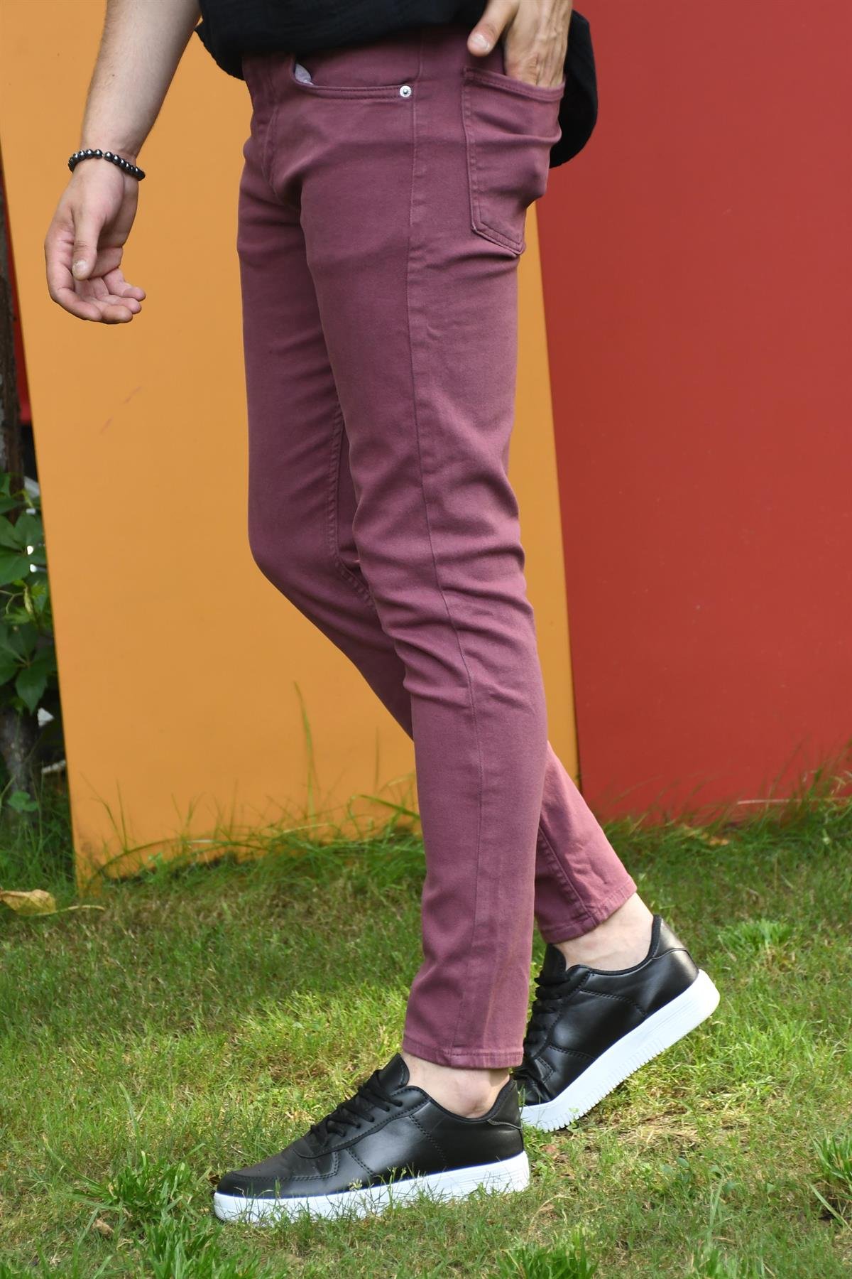 Slim Fit Likralı Bordo Kot Pantolon