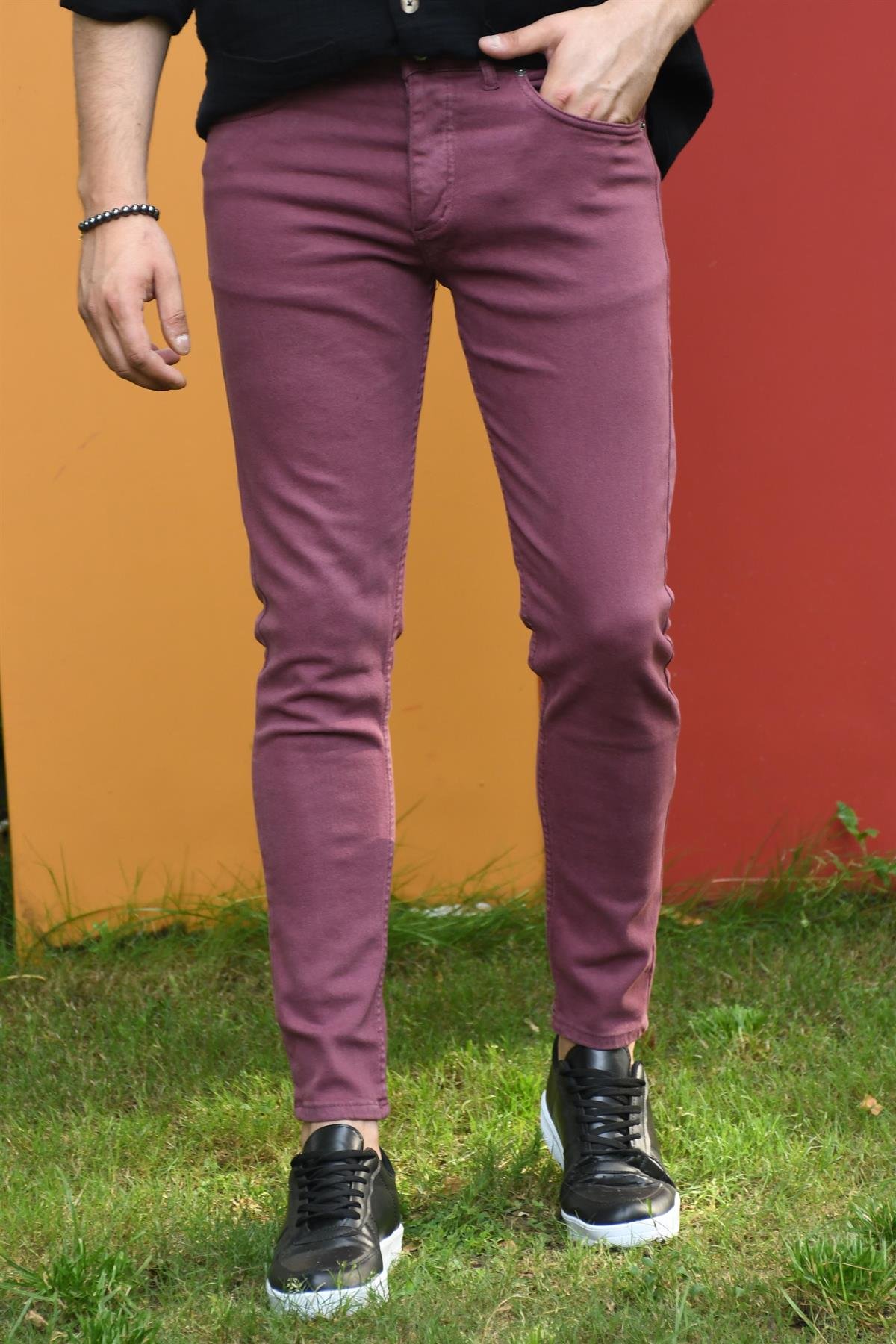 Slim Fit Likralı Bordo Kot Pantolon