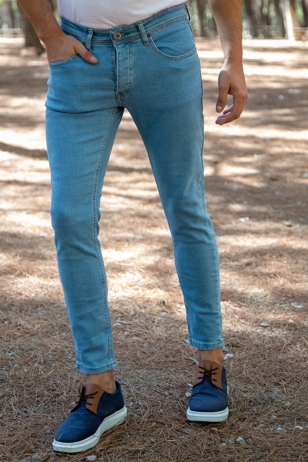 Slim fit likralı buz mavisi kot pantolon