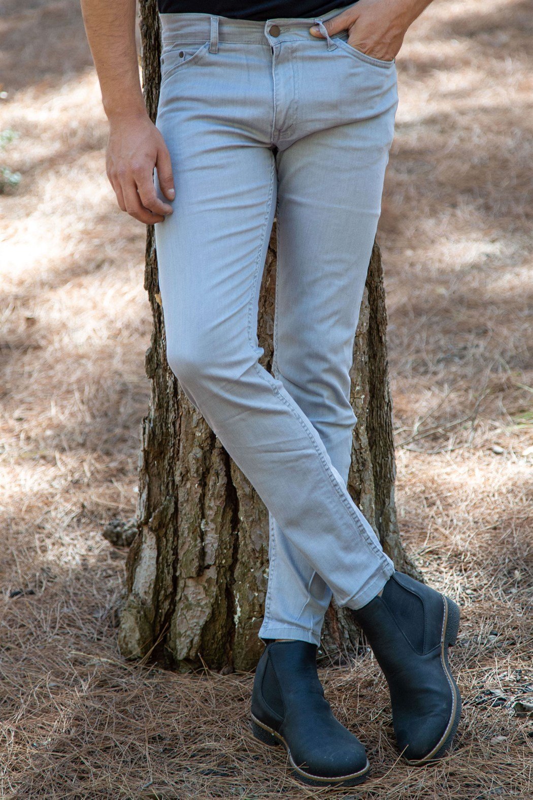 Slim fit likralı dar kesim paça gri kot pantolon