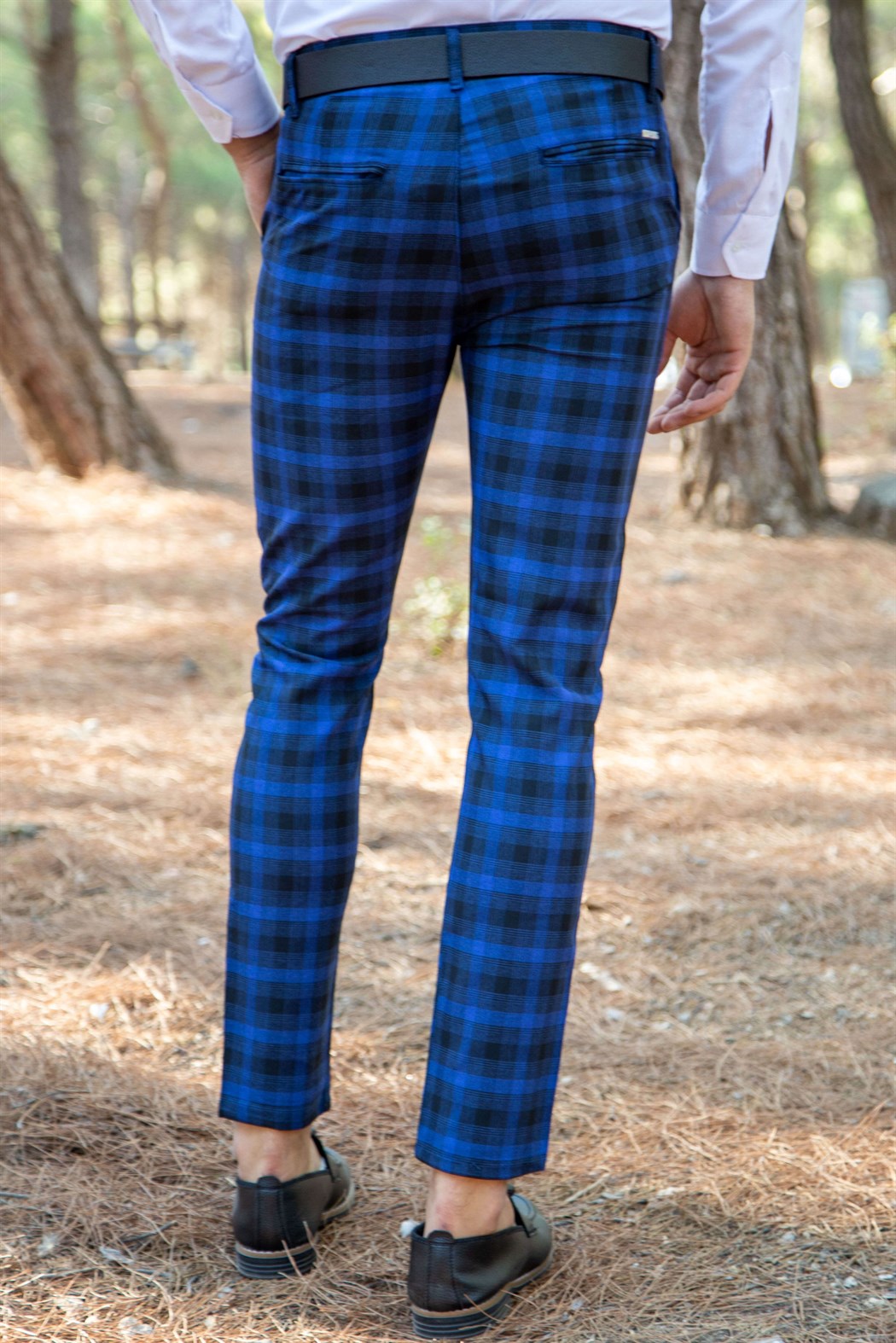 Slim fit likralı yan cep detaylı sax ekoseli kumaş pantolon