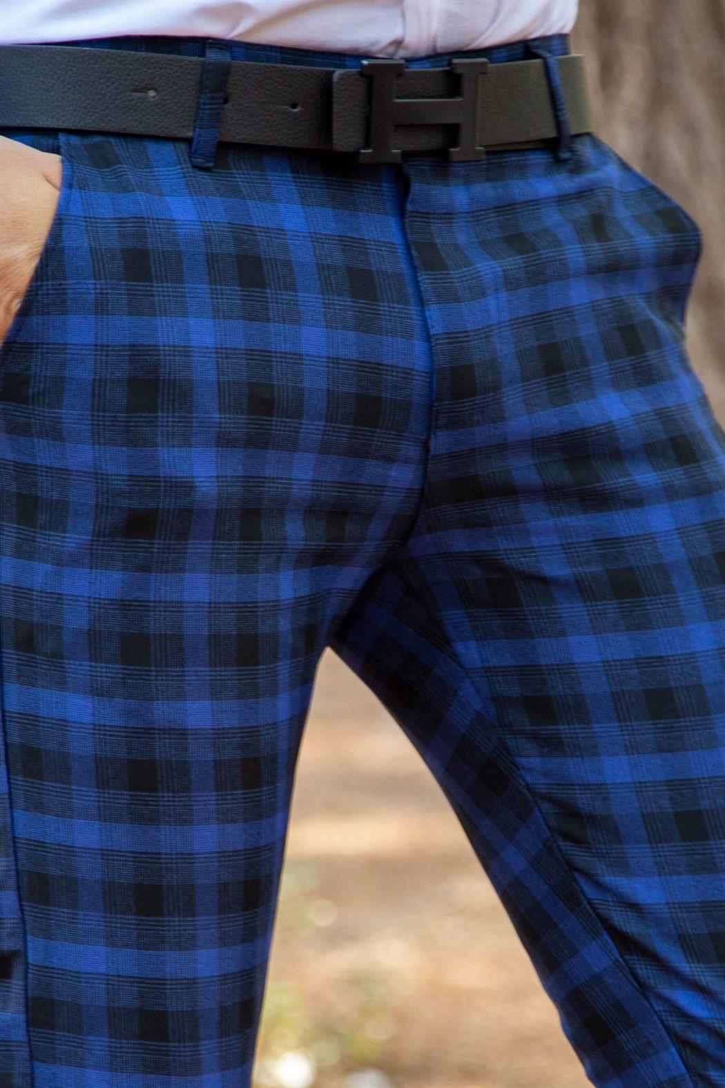 Slim fit likralı yan cep detaylı sax ekoseli kumaş pantolon