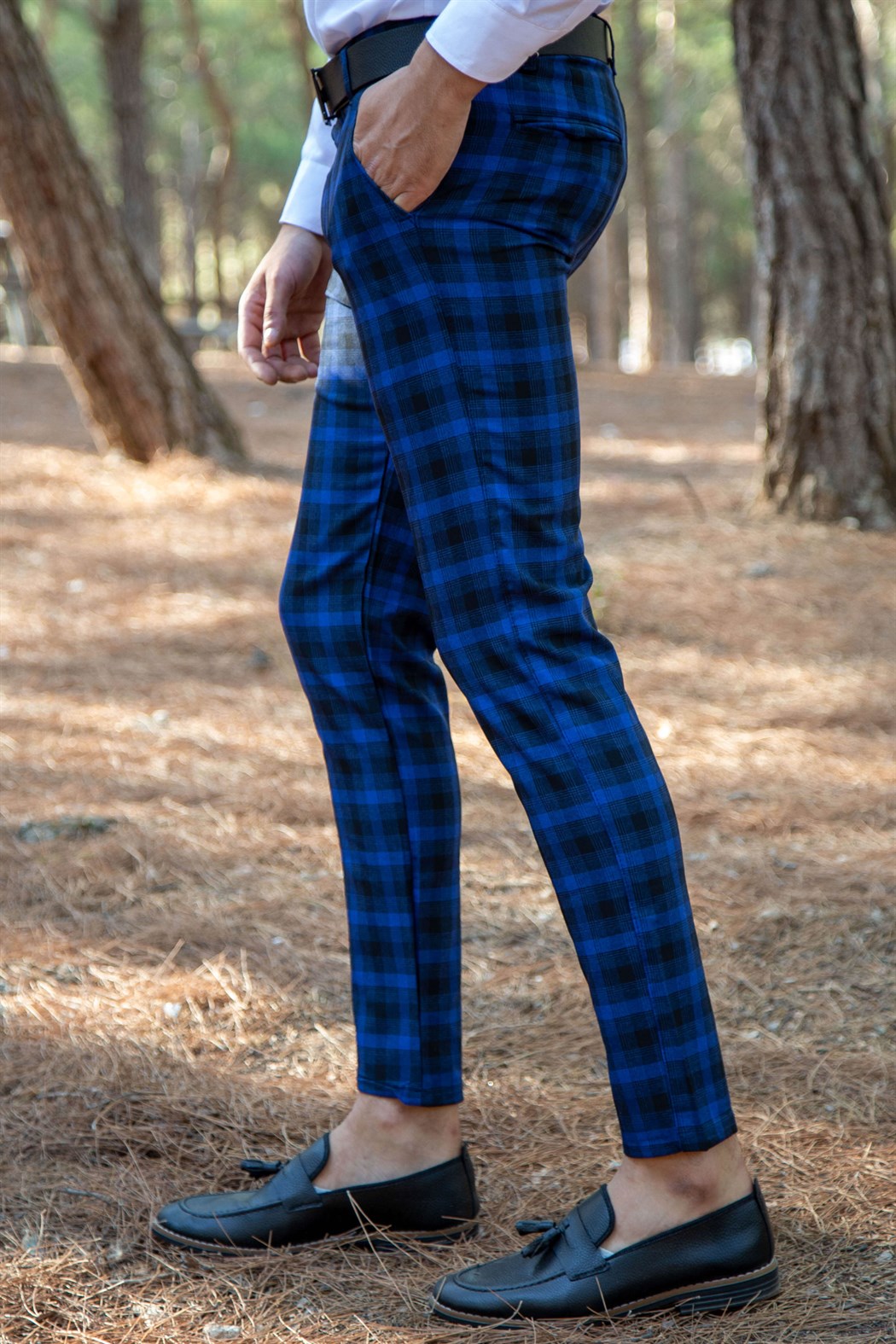 Slim fit likralı yan cep detaylı sax ekoseli kumaş pantolon