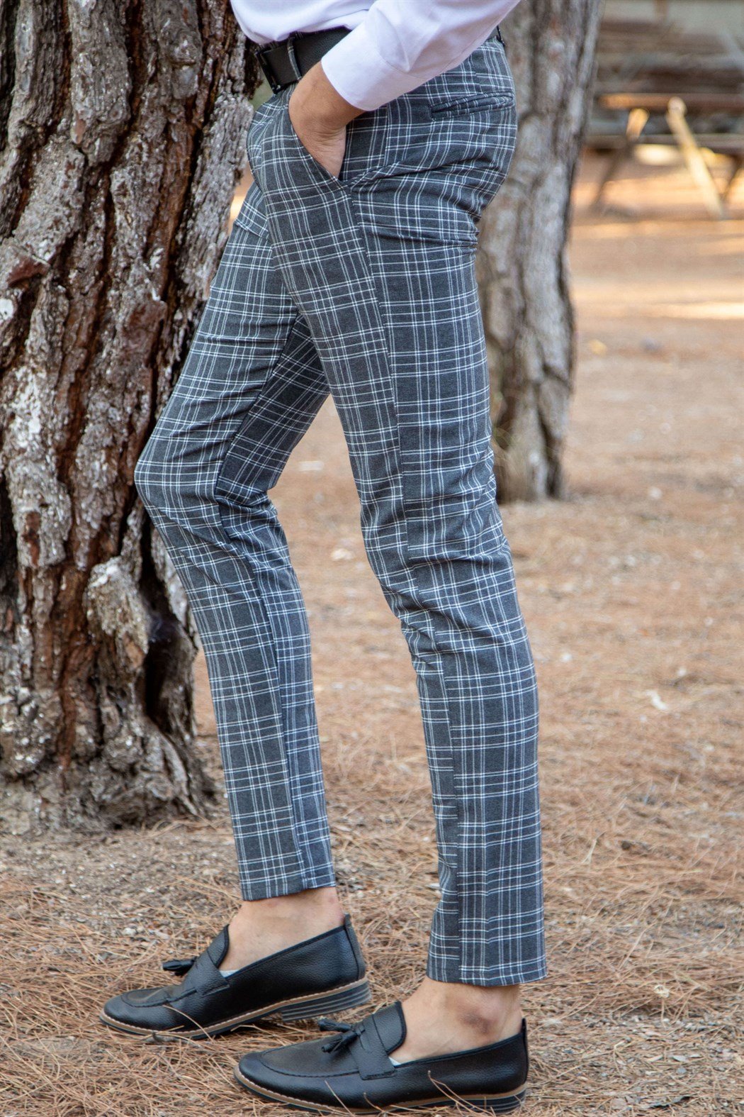Slim fit yan cep detaylı ince kare ekoseli füme kumaş pantolon