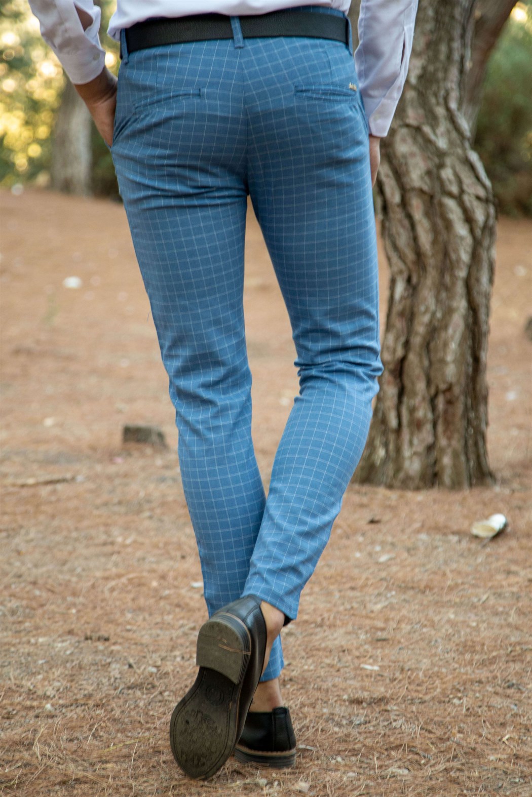 Slim fit yan cep detaylı ince kare ekoseli mavi kumaş pantolon