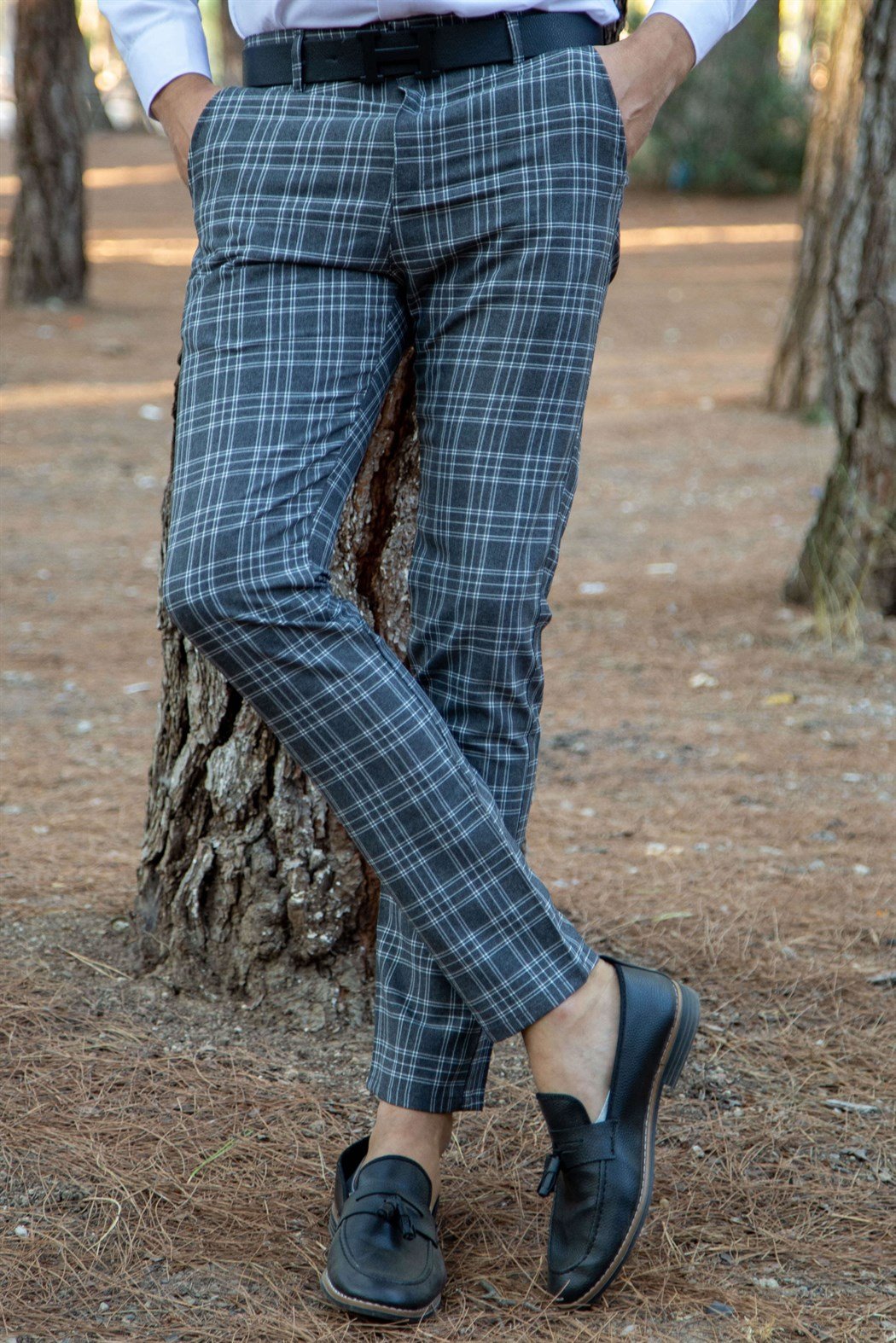 Slim fit yan cep detaylı ince kare ekoseli füme kumaş pantolon