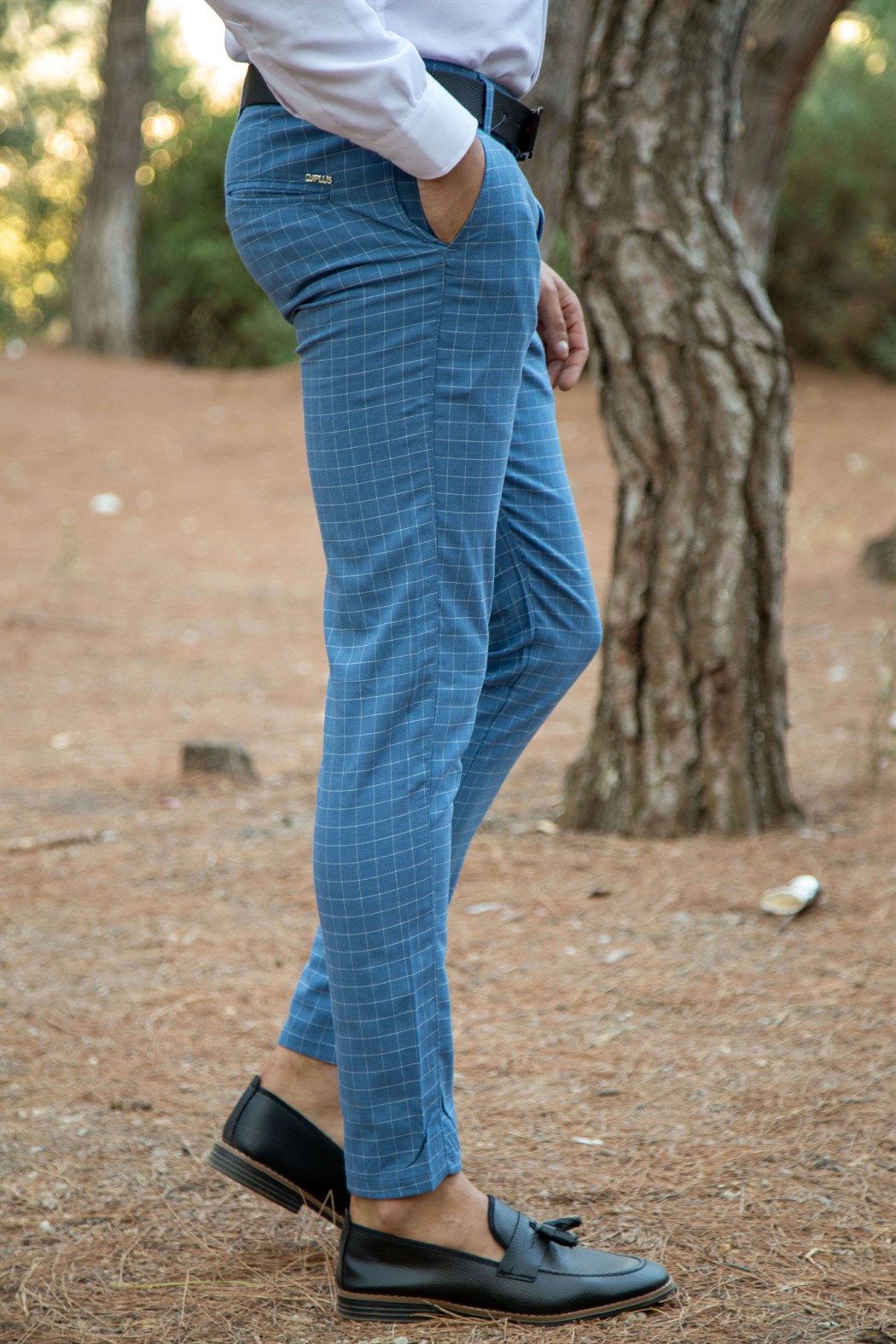 Slim fit yan cep detaylı ince kare ekoseli mavi kumaş pantolon