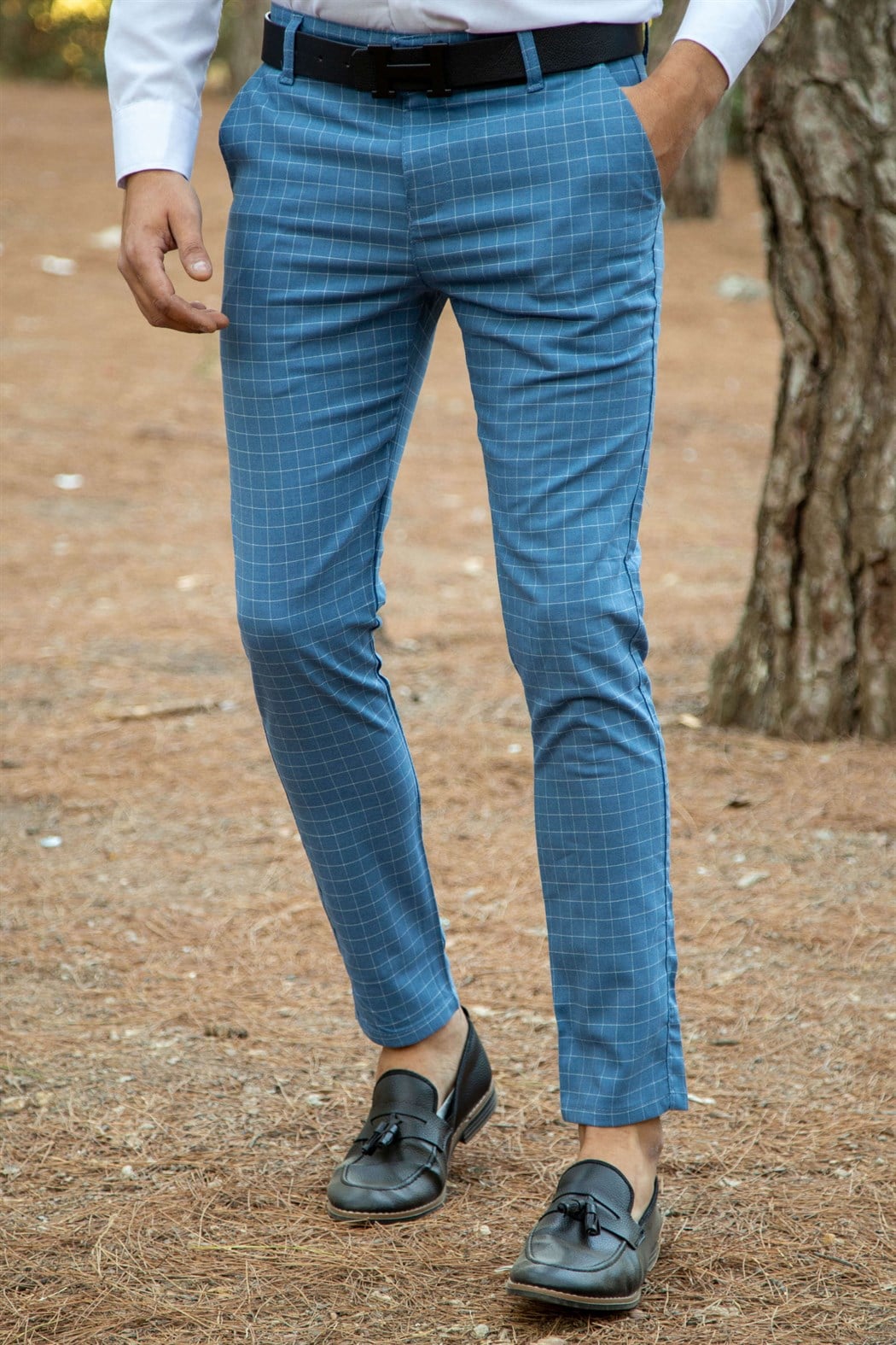 Slim fit yan cep detaylı ince kare ekoseli mavi kumaş pantolon