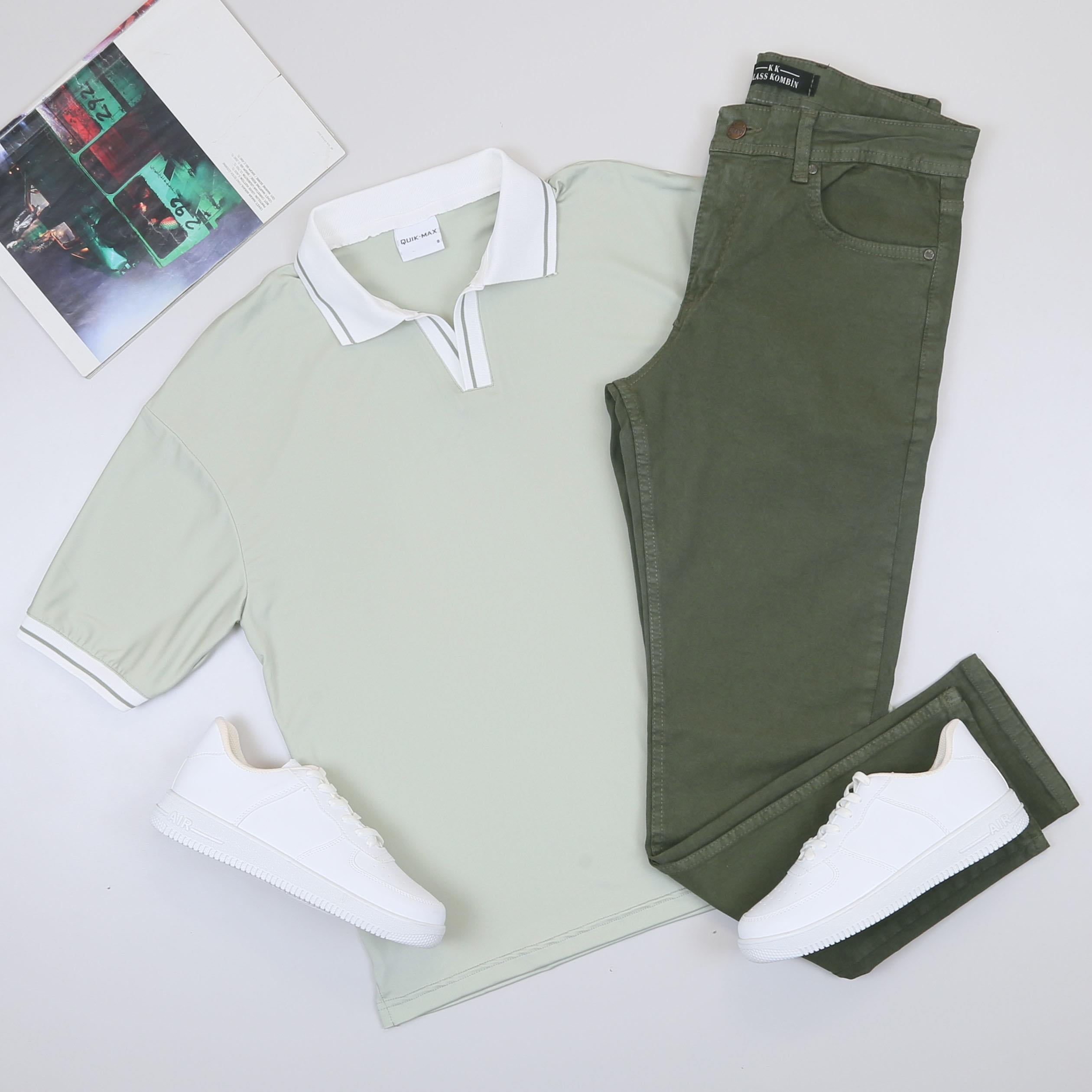 Su Yeşili Forma Kumaş Polo Yaka Tişört Pantolon Ayakkabı Kombin