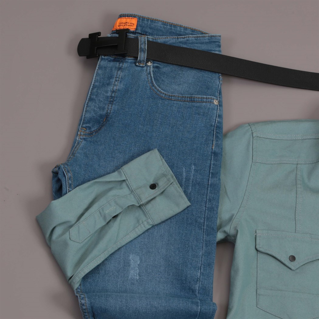 Su Yeşili Gömek Pantolon Ayakkabı Kombini