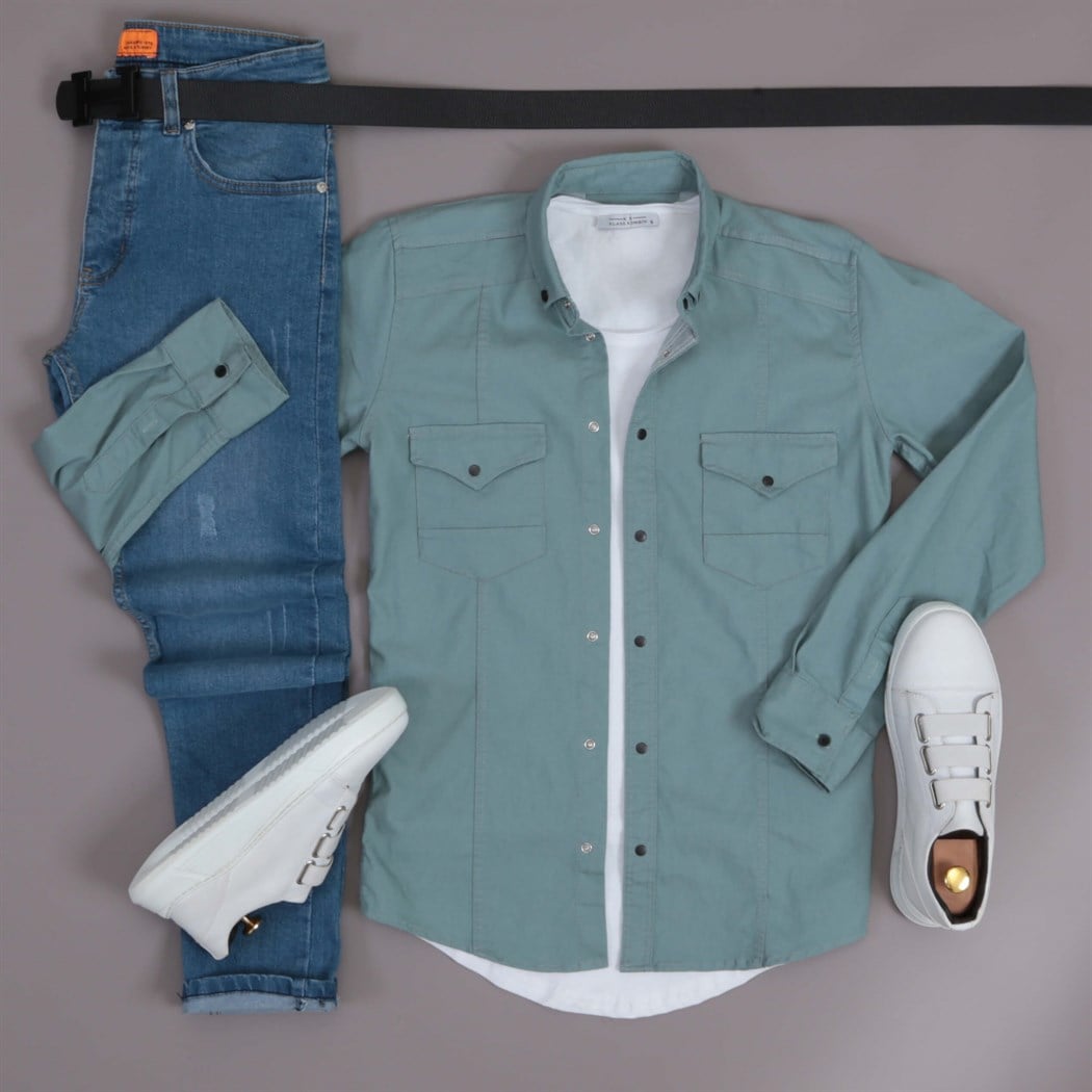 Su Yeşili Gömek Pantolon Ayakkabı Kombini