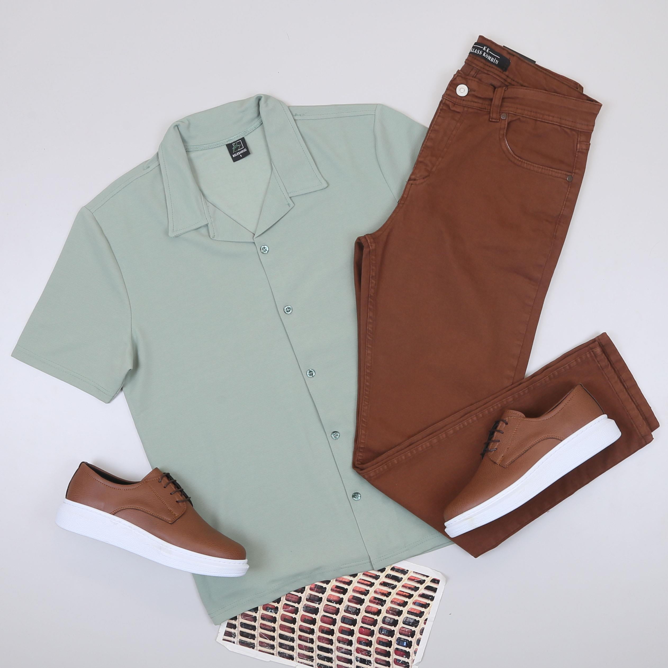 Su Yeşili Kısa Kol Gömlek Pantolon Ayakkabı Kombin